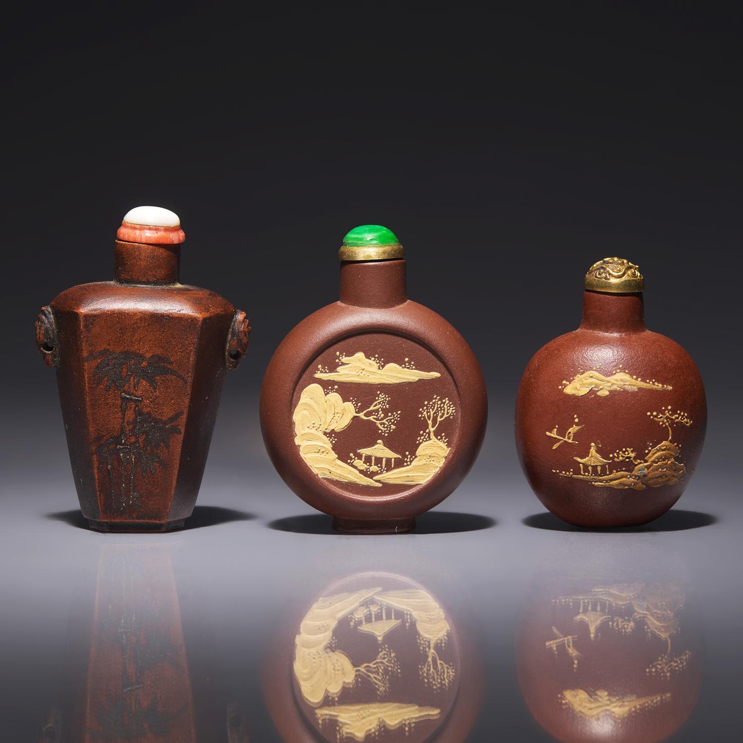 Three Chinese Yixing Stoneware Snuff Bottles 紫砂鼻烟壺三支