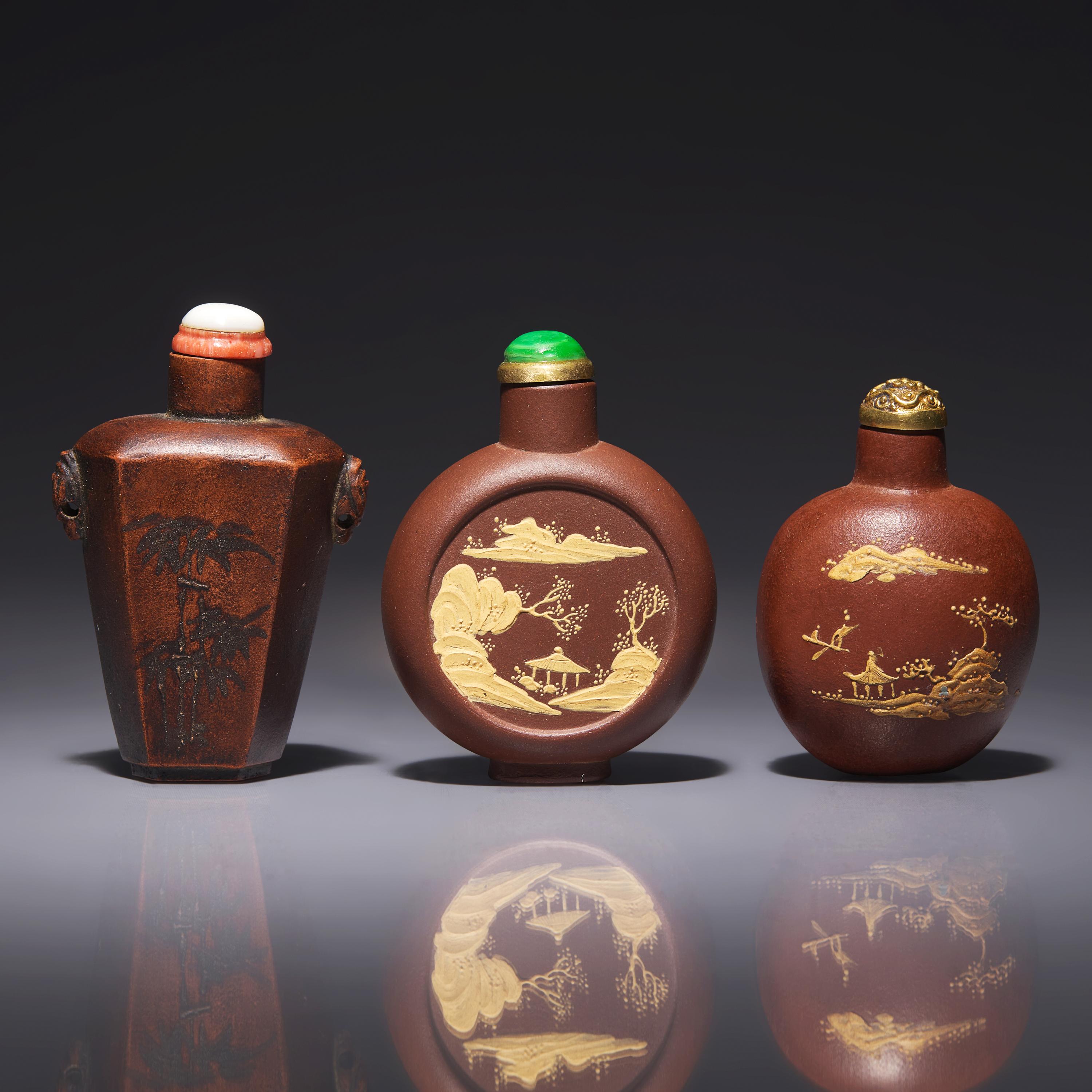 Three Chinese Yixing Stoneware Snuff Bottles 紫砂鼻烟壺三支