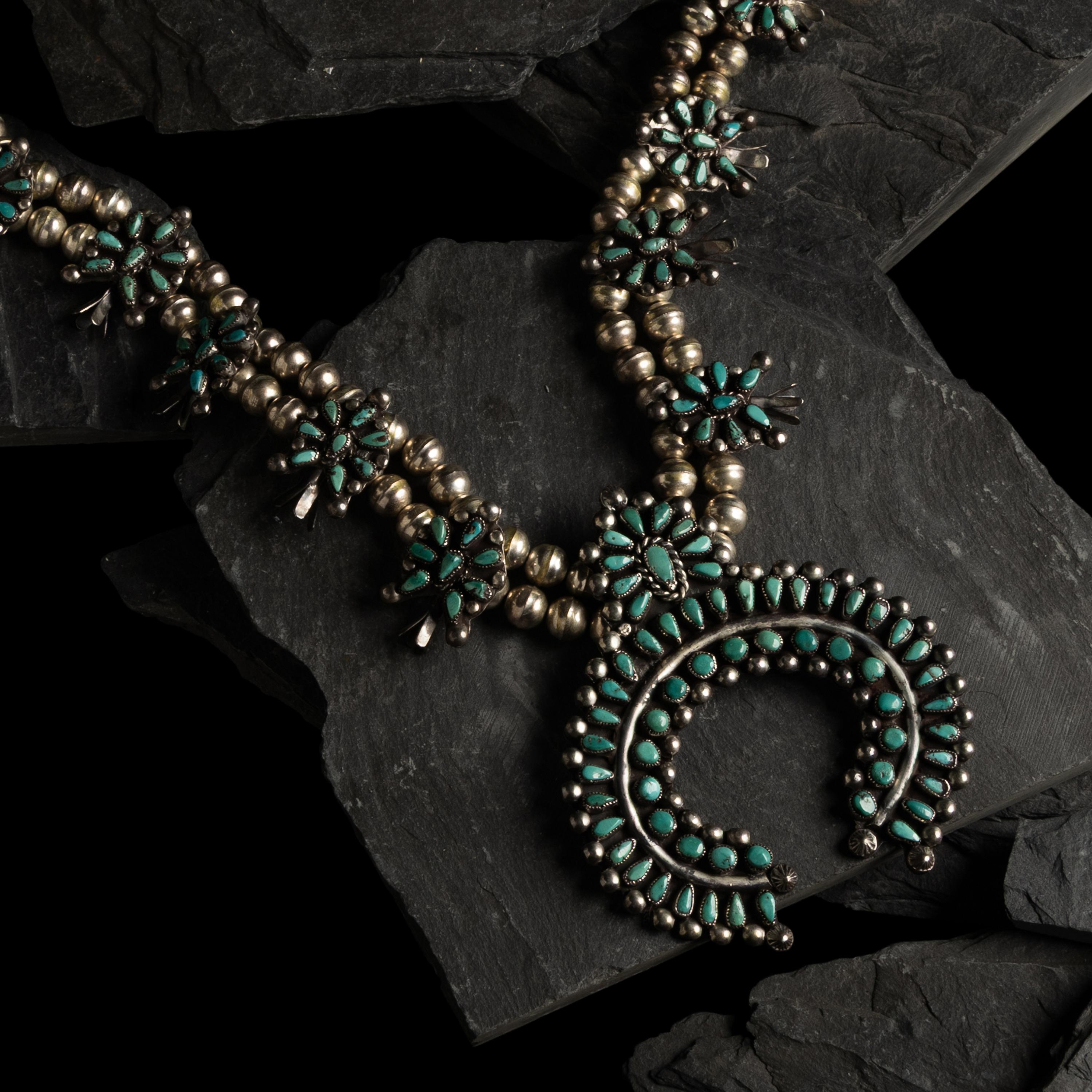 Zuni Silver and Petit Point Turquoise Squash Blossom Necklace and Earrings