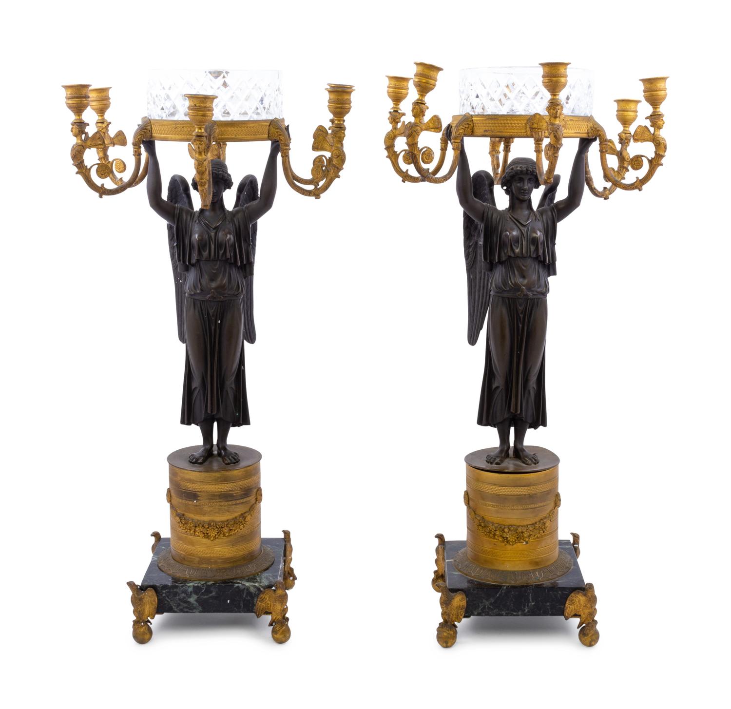 A Pair of Empire Gilt and Patinated Bronze Six-Light Figural Candelabra