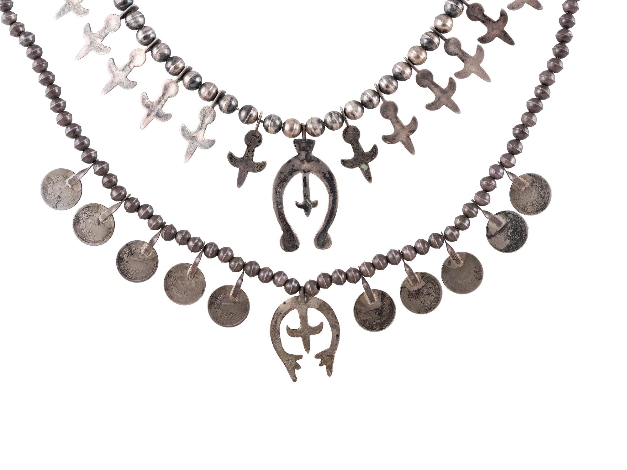 Pair of Petite Navajo Silver Squash Blossom Necklaces