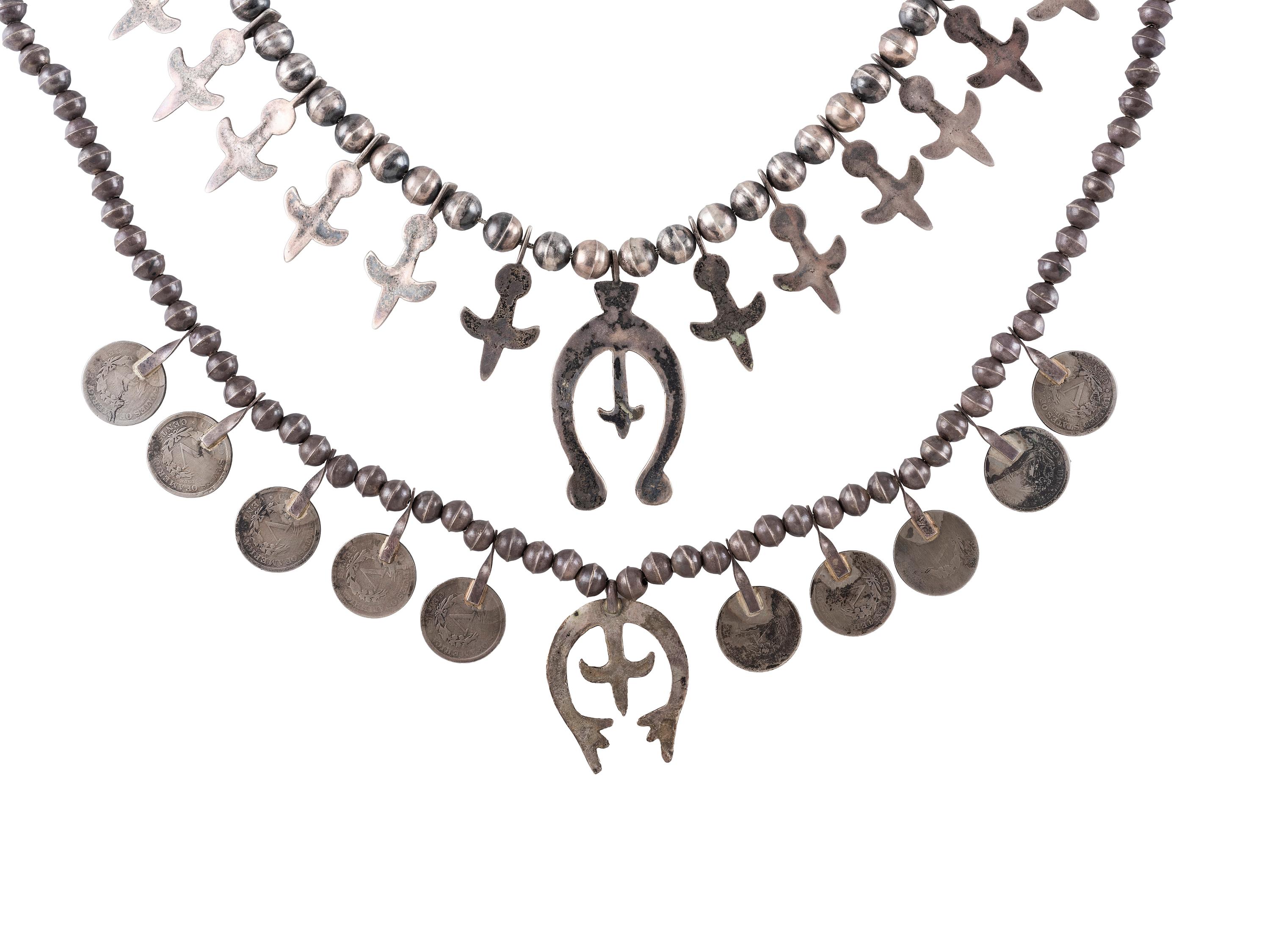 Pair of Petite Navajo Silver Squash Blossom Necklaces
