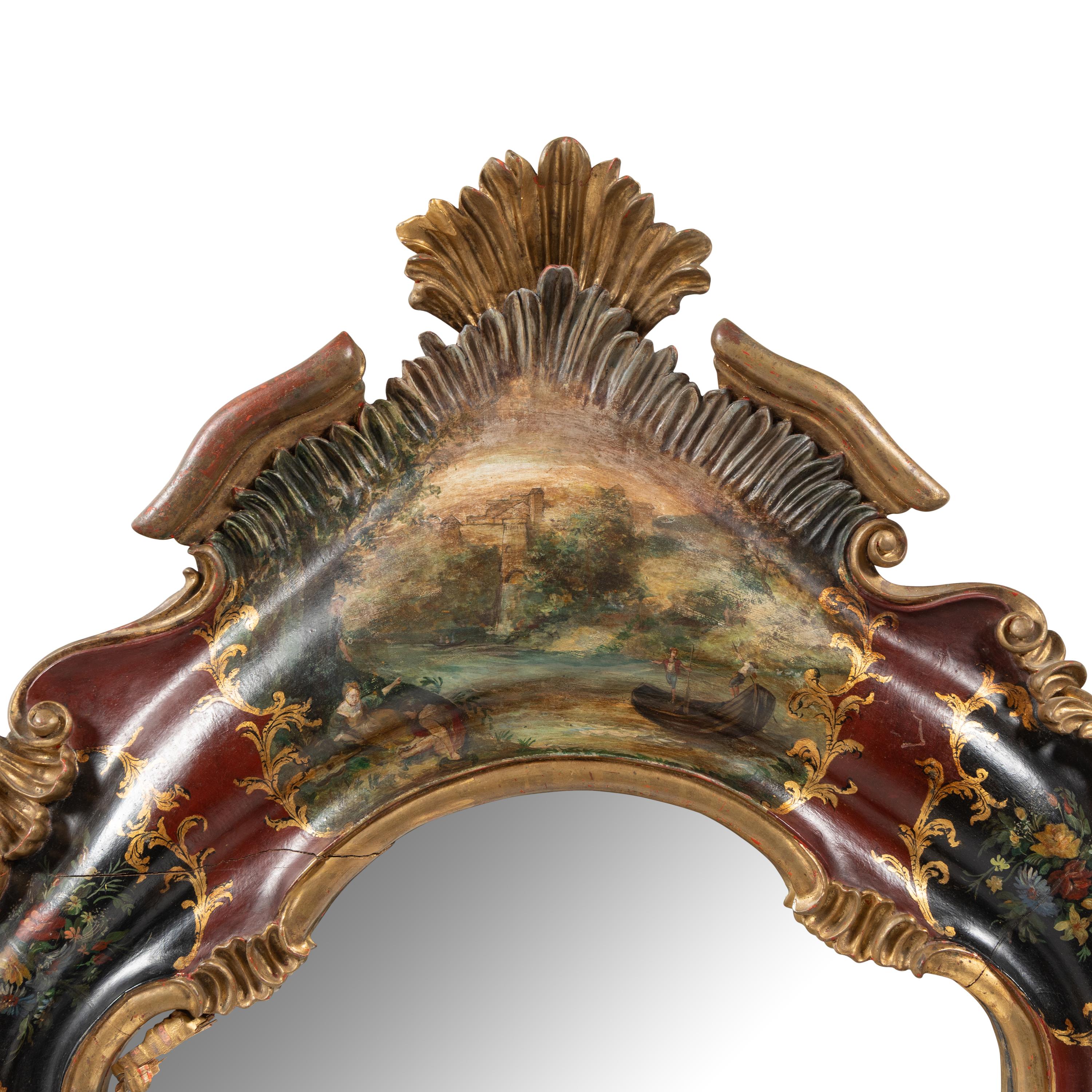 A Venetian Rococo Style Polychrome Painted and Parcel Gilt Mirror