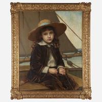 Phoebe A. Jenks (American, 1847-1907) Child in Straw Hat and Velvet Suit Fishing