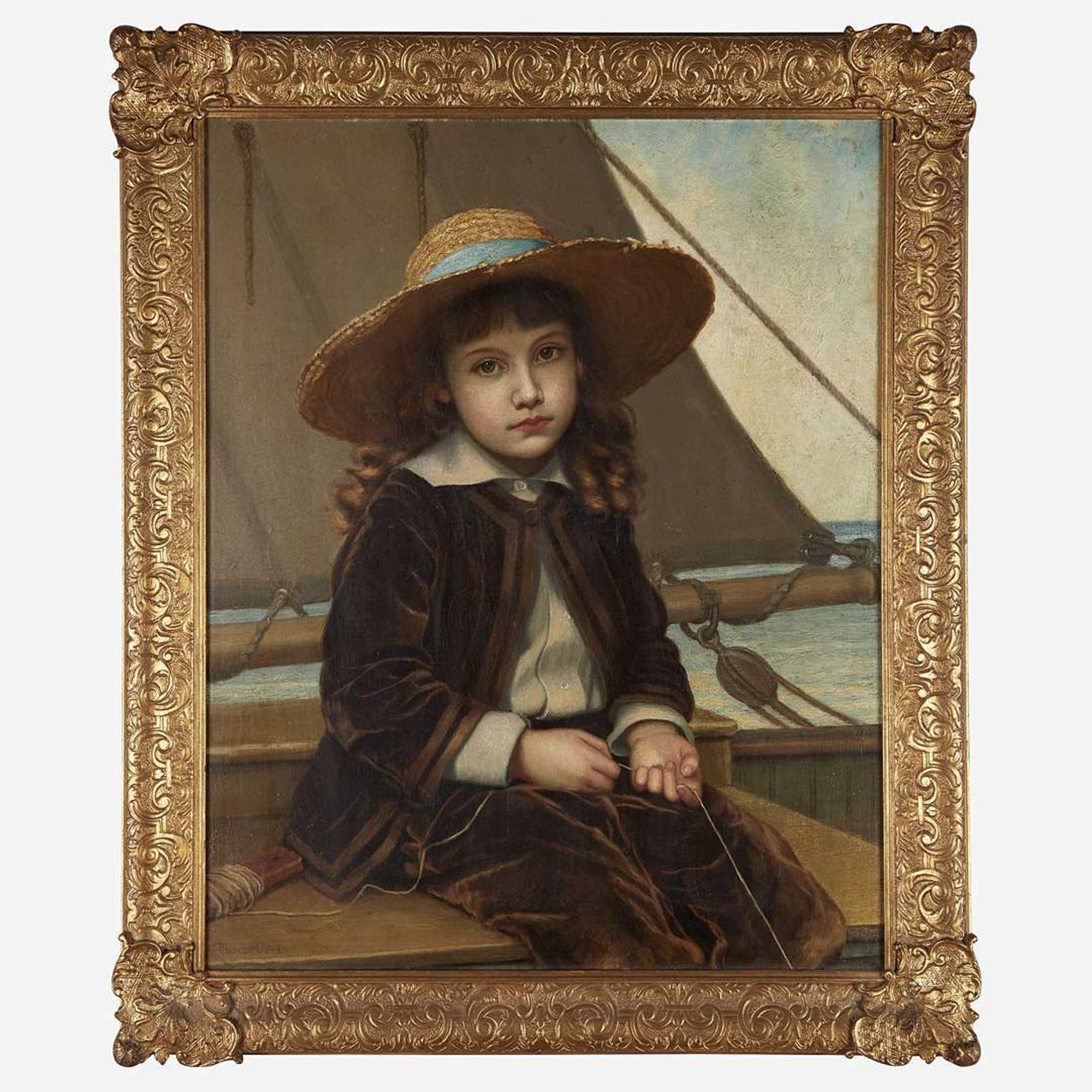 Phoebe A. Jenks (American, 1847-1907) Child in Straw Hat and Velvet Suit Fishing