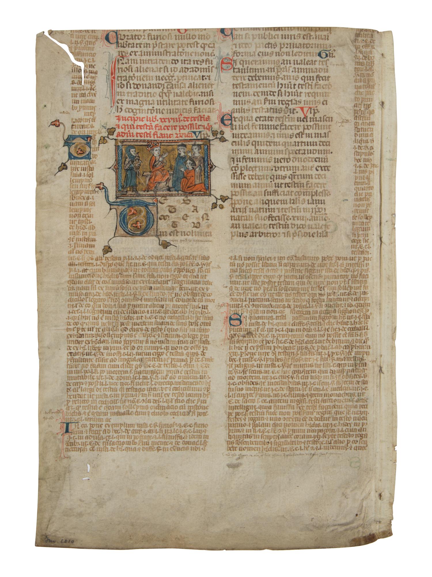 PARIS WORKSHOP Leaf from an illuminated manuscript of Civil Law, with miniature of a witness cross-examined in court, in Latin, illuminated manuscript on parchment [France, probably Paris, c. 1300]