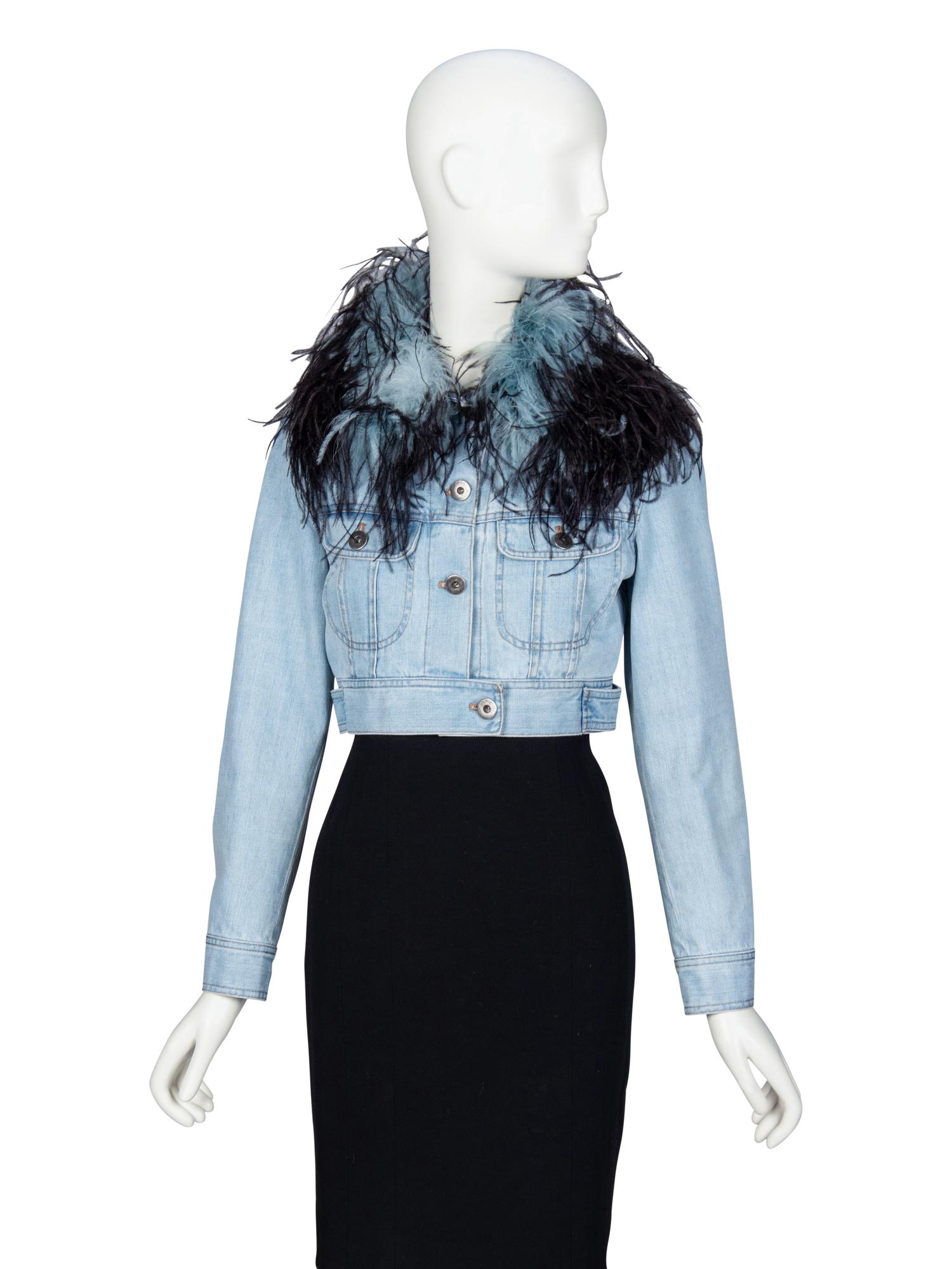 PRADA, FEATHER COLLAR CROP DENIM JACKET