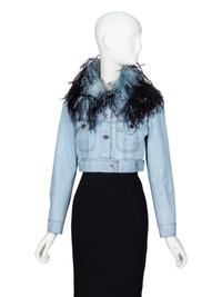 PRADA, FEATHER COLLAR CROP DENIM JACKET