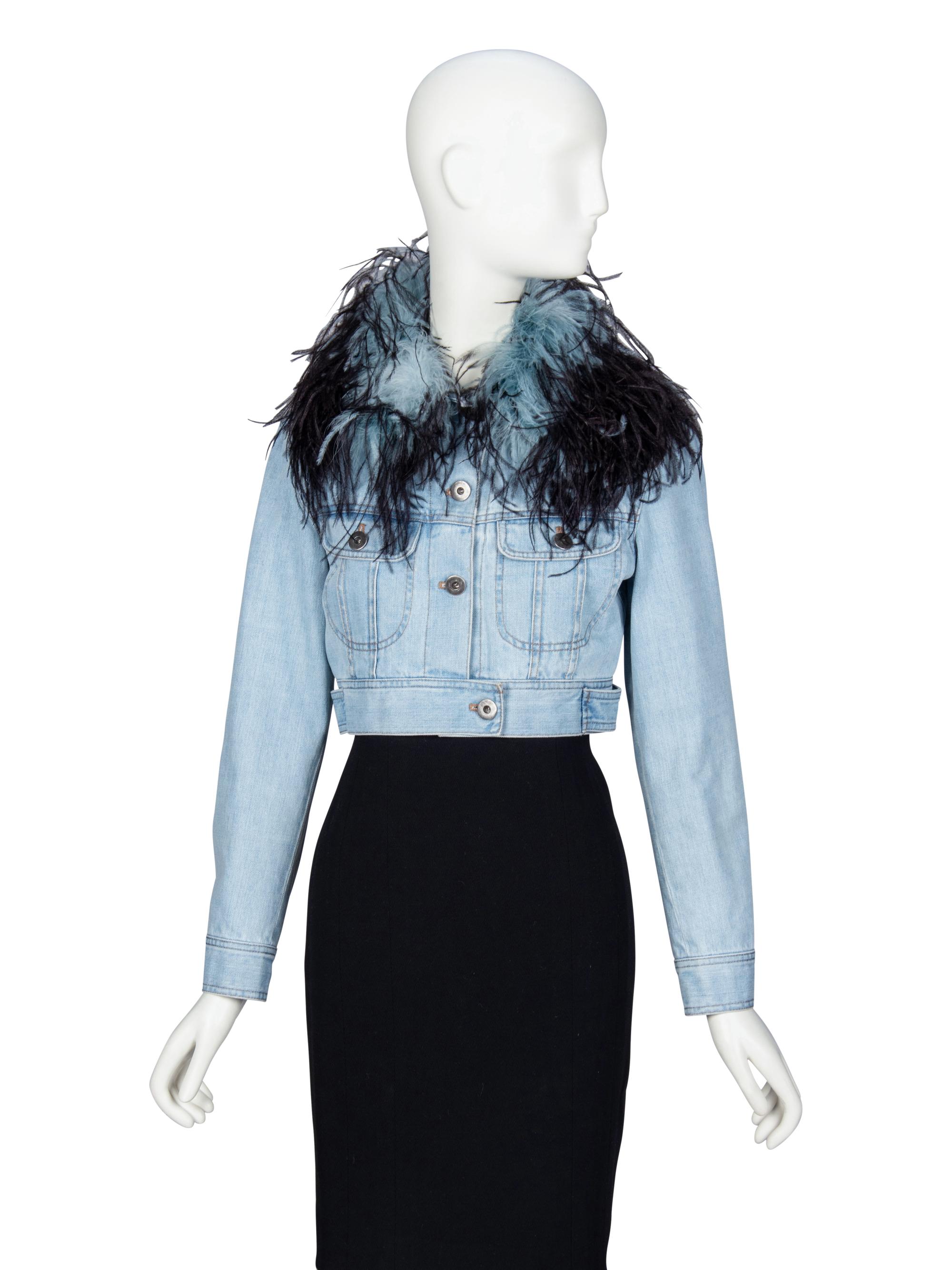 PRADA, FEATHER COLLAR CROP DENIM JACKET