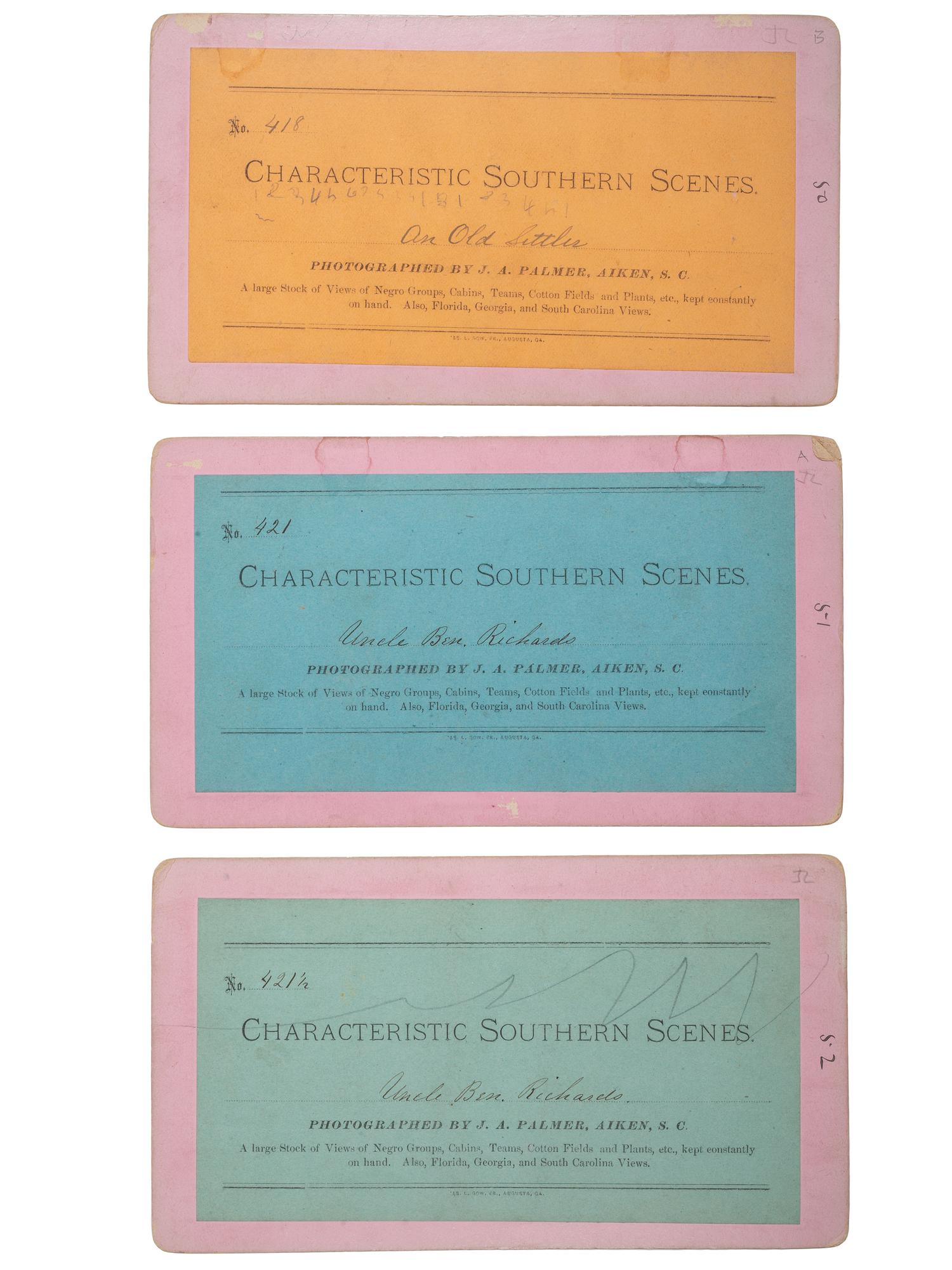 [EARLY PHOTOGRAPHY]. PALMER, J.A. (1825-1896), photographer. A group of 3 stereoviews of African American subjects, incl. intimate portraits of "An Old Settler" and "Uncle Ben Richards." Aiken, SC: ca 1870s-1880s.