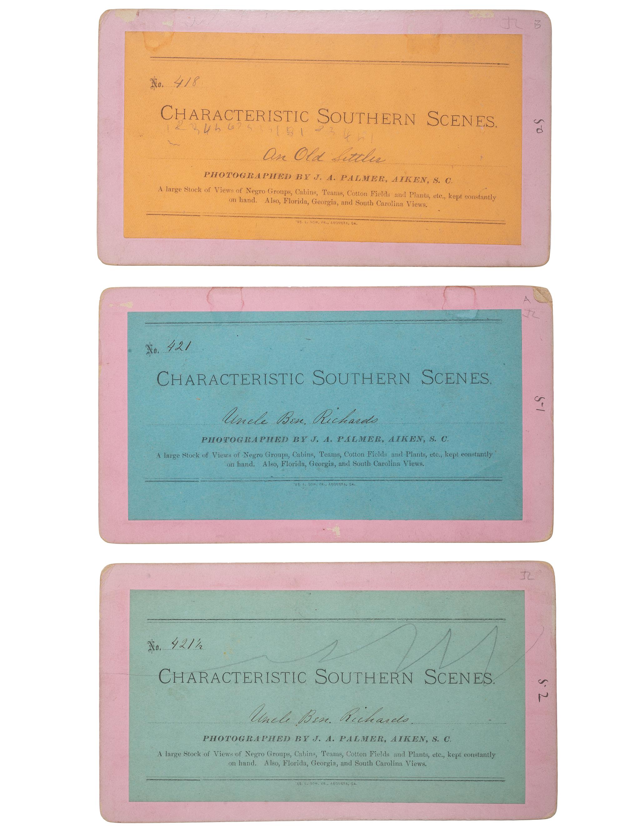 [EARLY PHOTOGRAPHY]. PALMER, J.A. (1825-1896), photographer. A group of 3 stereoviews of African American subjects, incl. intimate portraits of "An Old Settler" and "Uncle Ben Richards." Aiken, SC: ca 1870s-1880s.