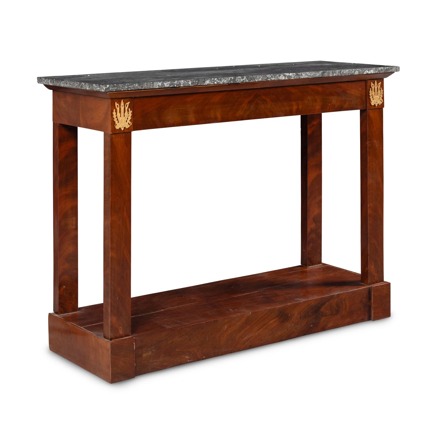 An Empire Mahogany and Gilt Metal Mounted Marble-Top Console Table