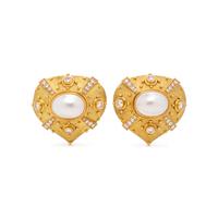 YELLOW GOLD, CULTURED MABE PEARL AND DIAMOND EARCLIPS