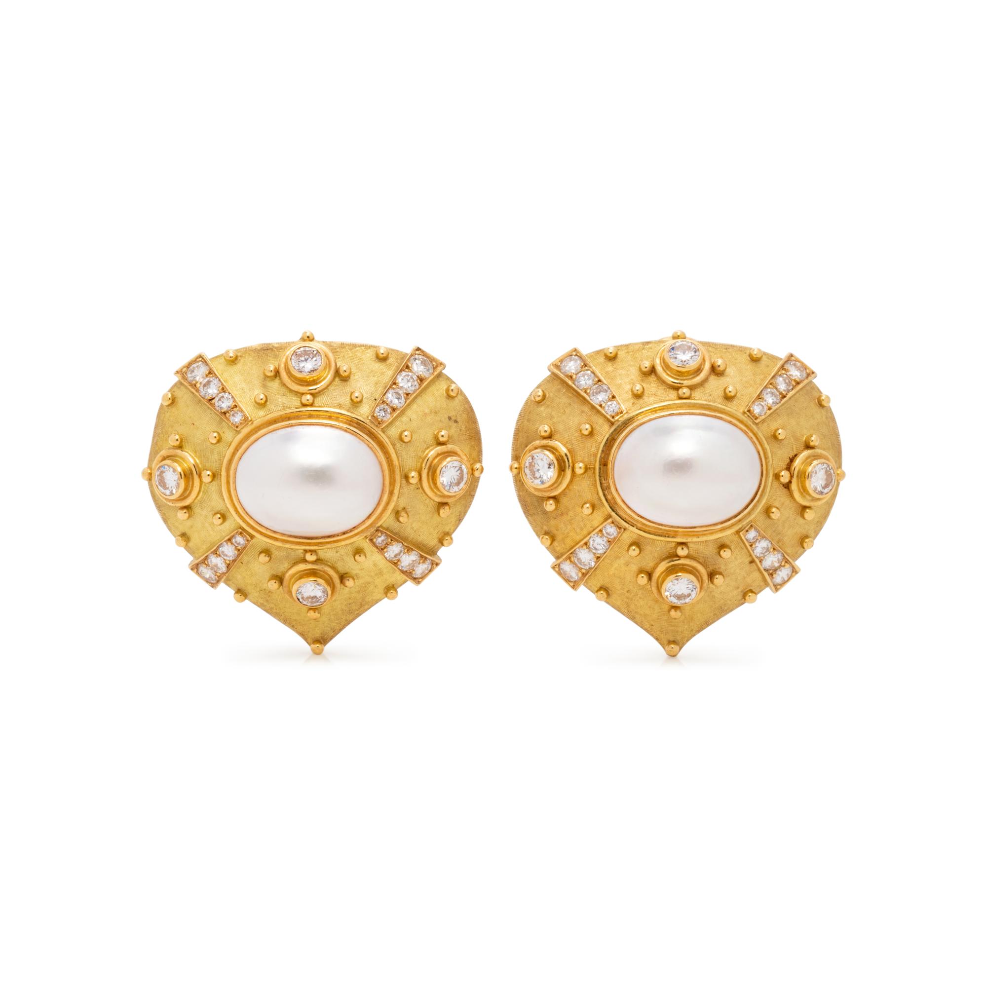 YELLOW GOLD, CULTURED MABE PEARL AND DIAMOND EARCLIPS