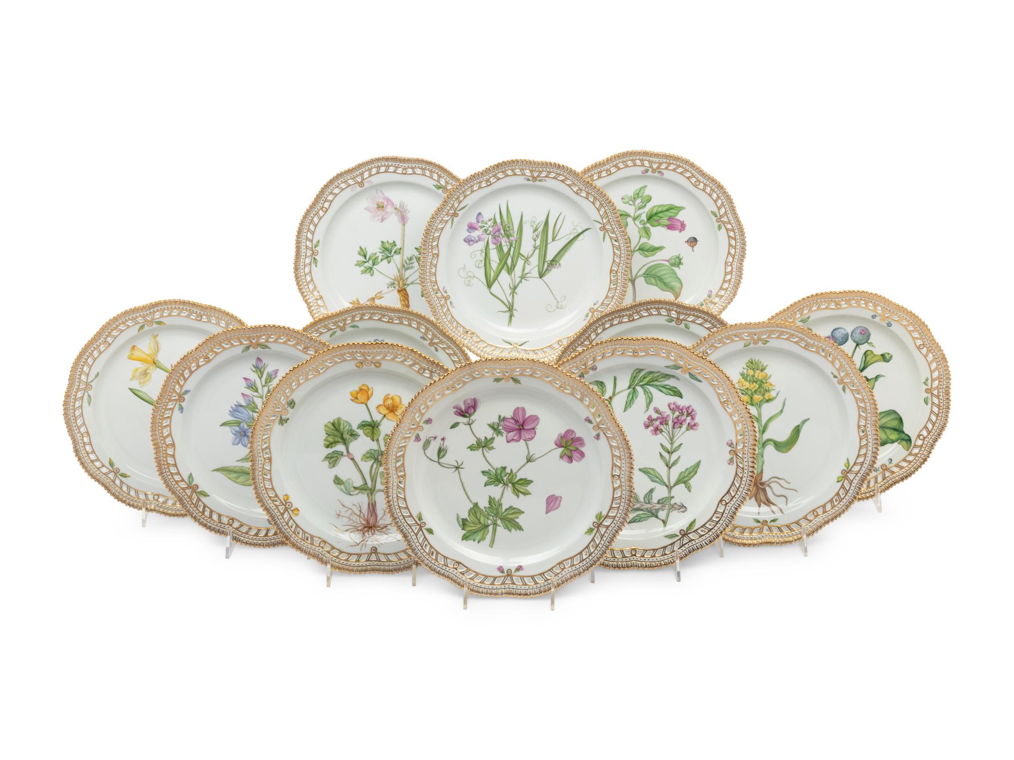 A Set of Twelve Royal Copenhagen Flora Danica Dinner Plates