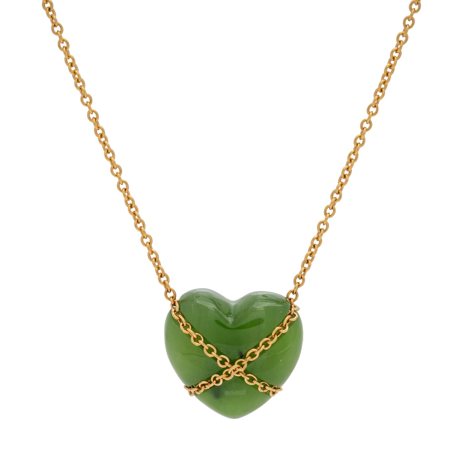 TIFFANY & CO., YELLOW GOLD AND JADE 'CROSS MY HEART' NECKLACE