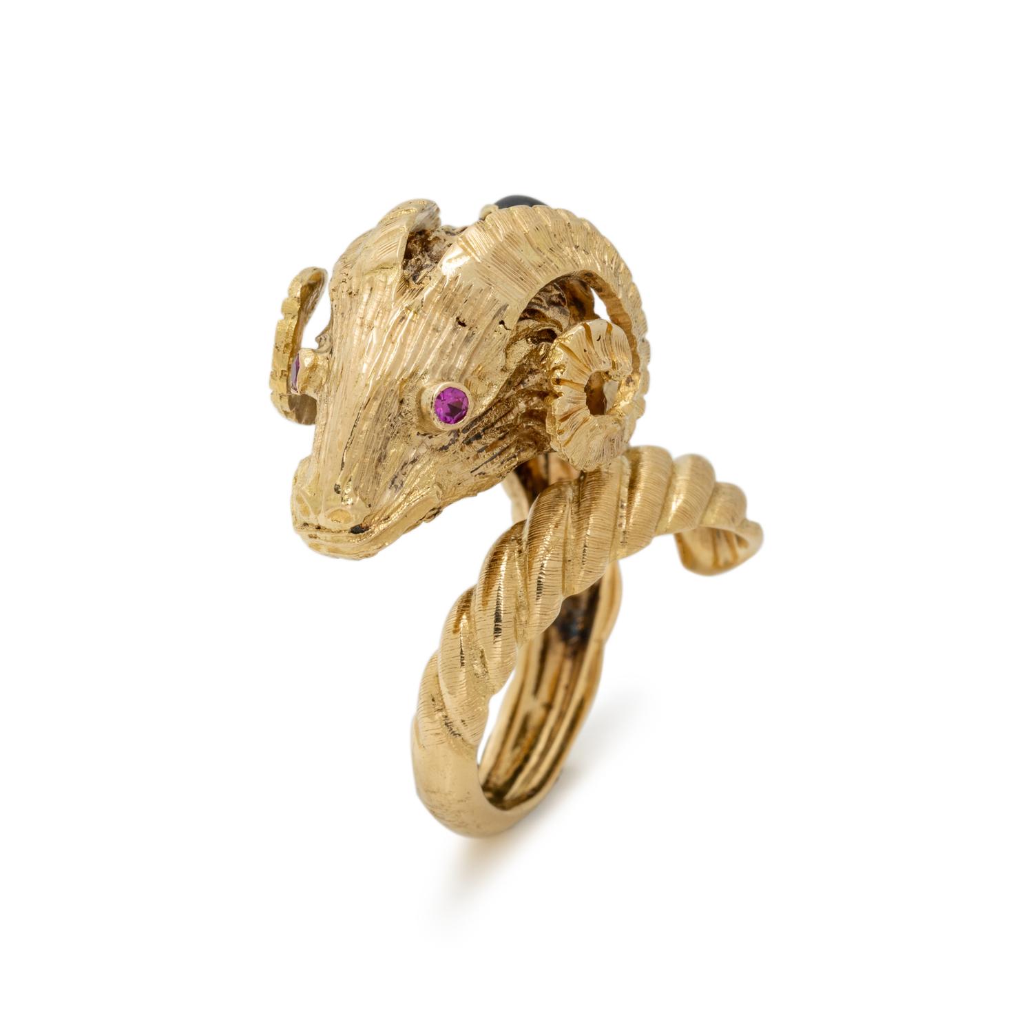 LALAOUNIS, YELLOW GOLD AND GEMSTONE RAM'S HEAD RING