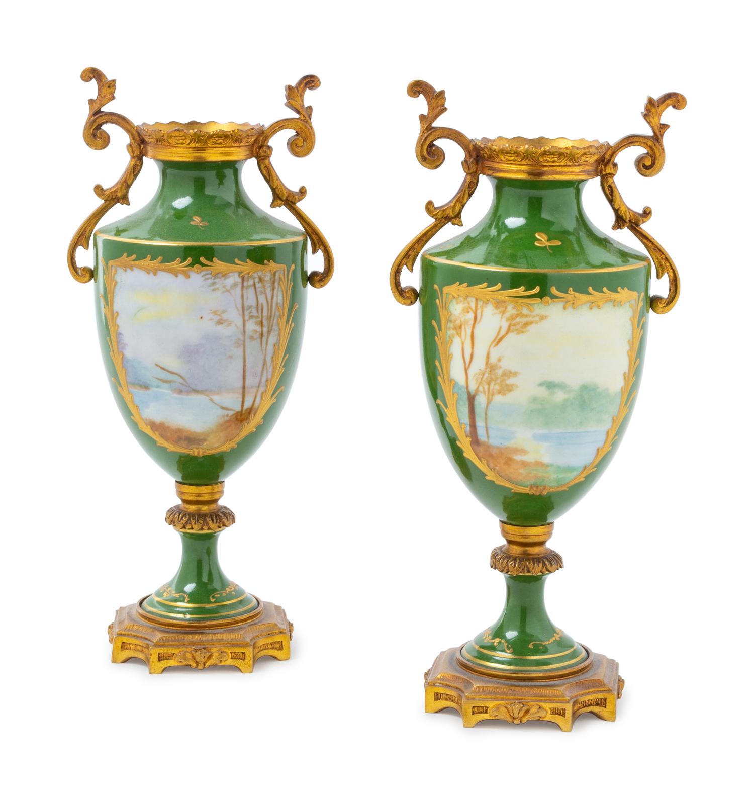 A Pair of Sevres Style Gilt Metal Mounted Porcelain Vases