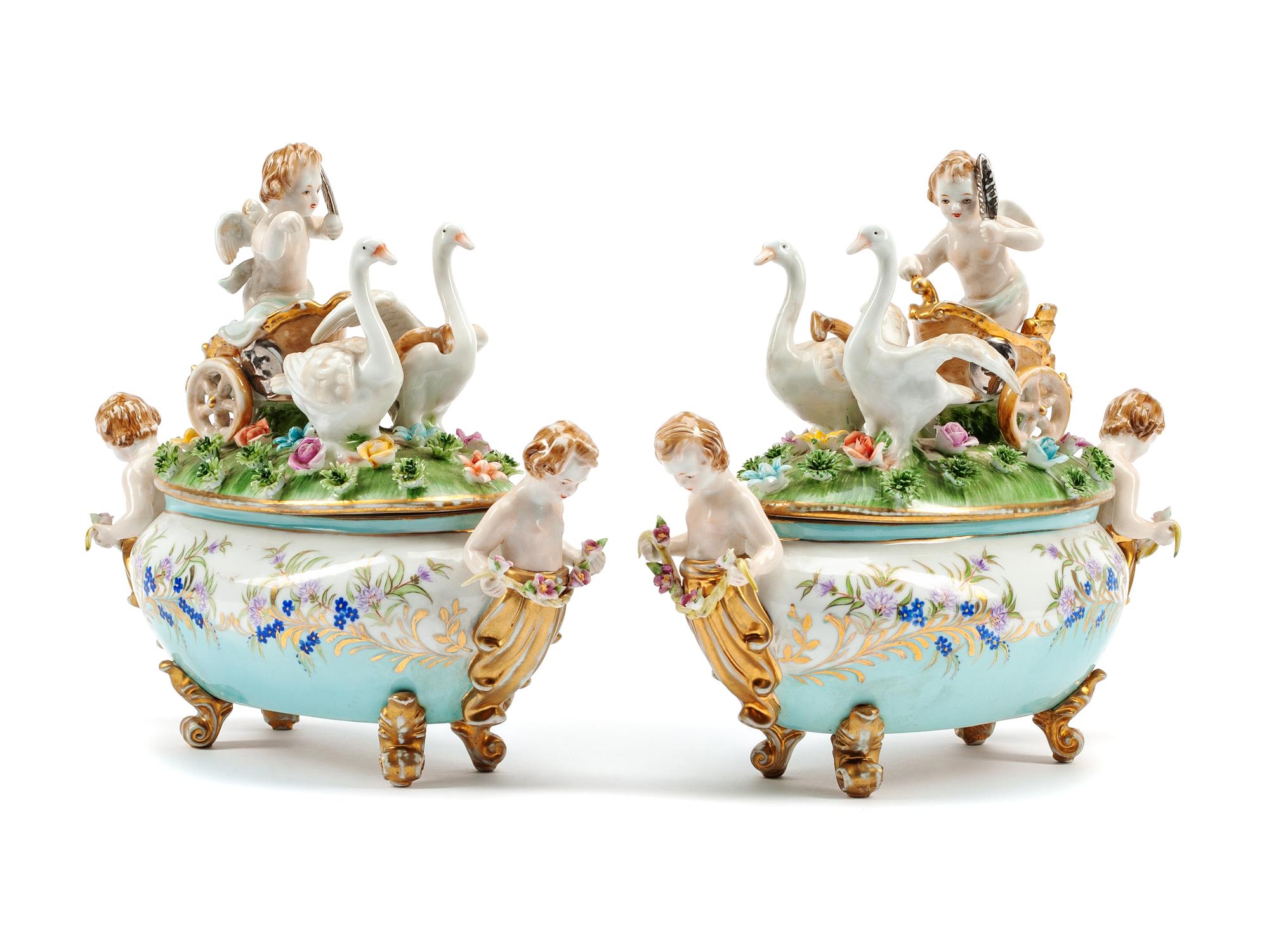A Pair of German Porcelain Figural Tureens