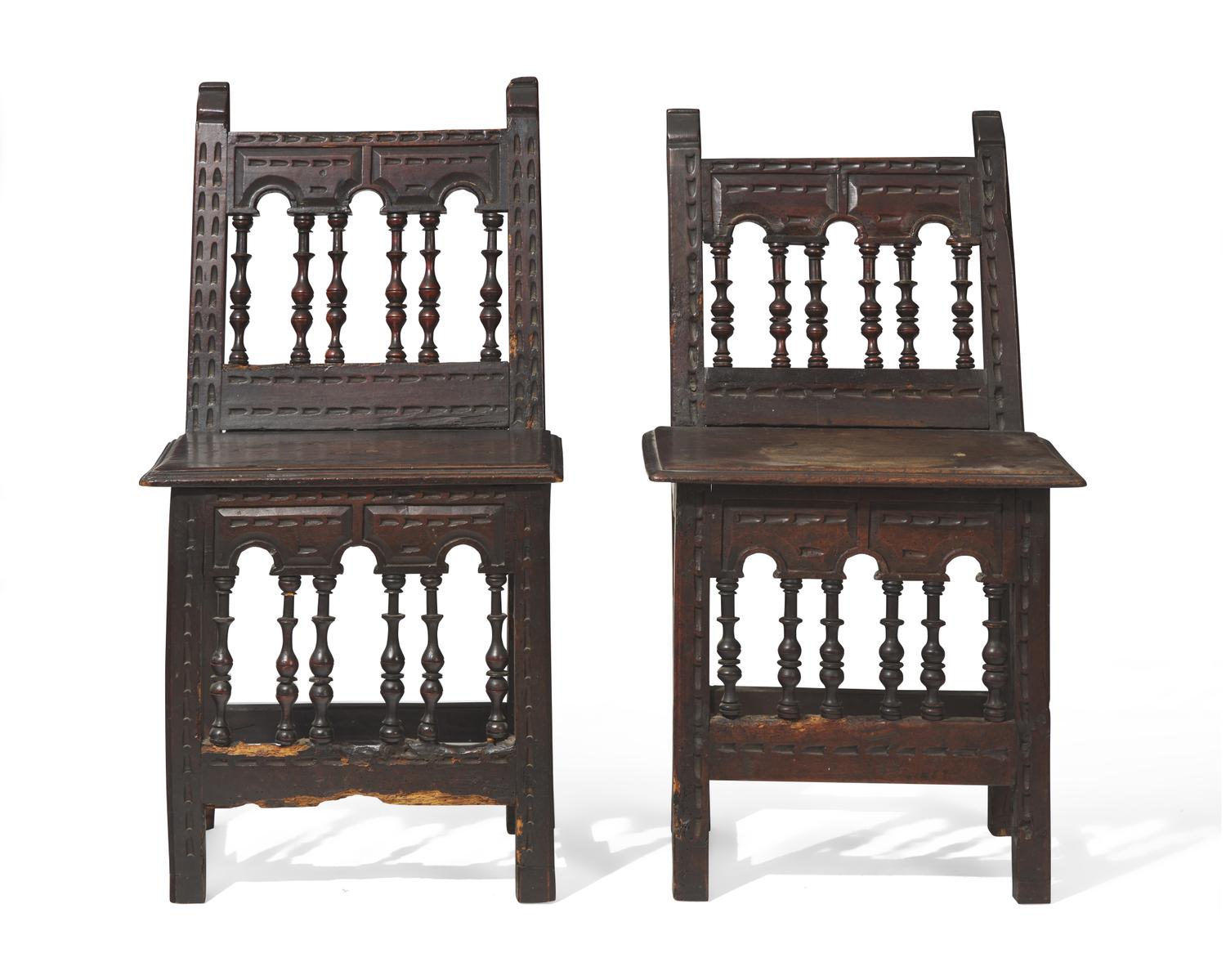 A Pair of Spanish Baroque Carved Walnut Side Chairs, 17th Century