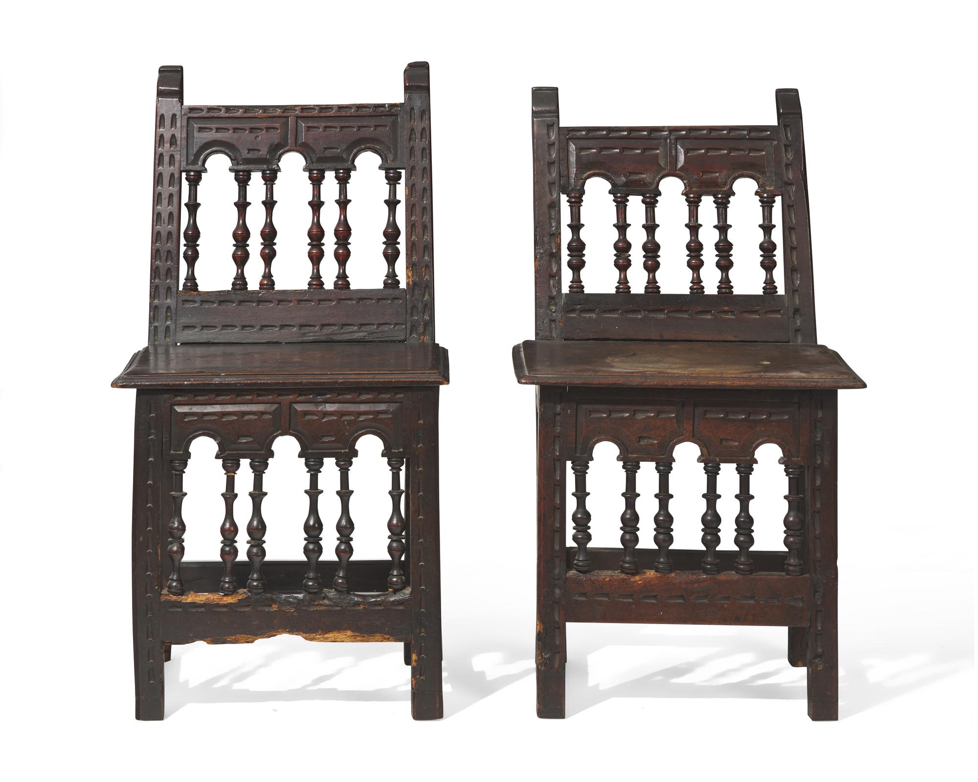 A Pair of Spanish Baroque Carved Walnut Side Chairs, 17th Century