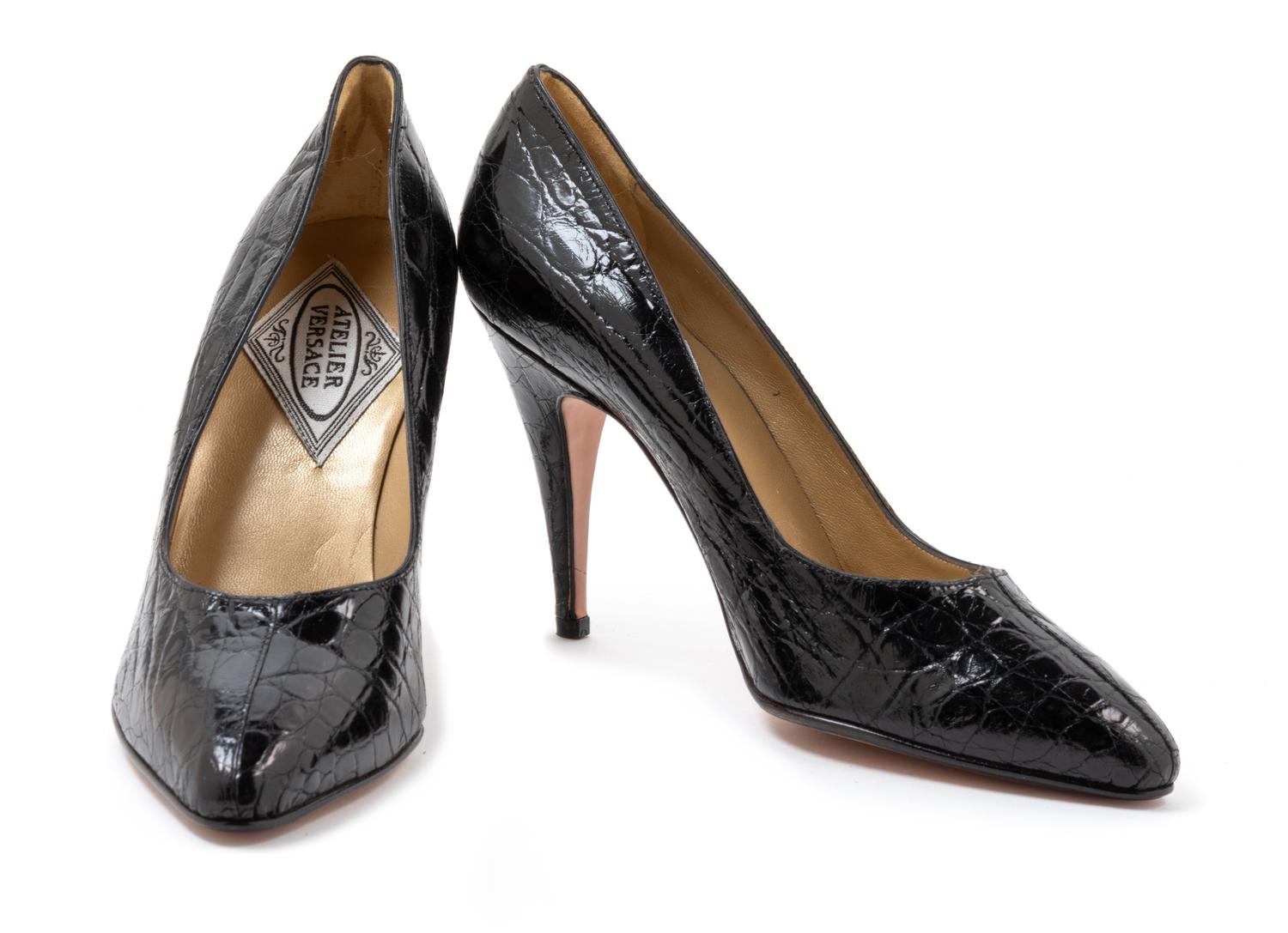 Atelier Versace Black Faux Croc Heels, 1990s