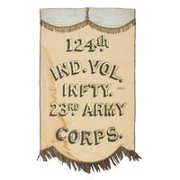 [Civil War] 124th Indiana Volunteer Infantry reunion banner, tassels, and GAR reunion photograph