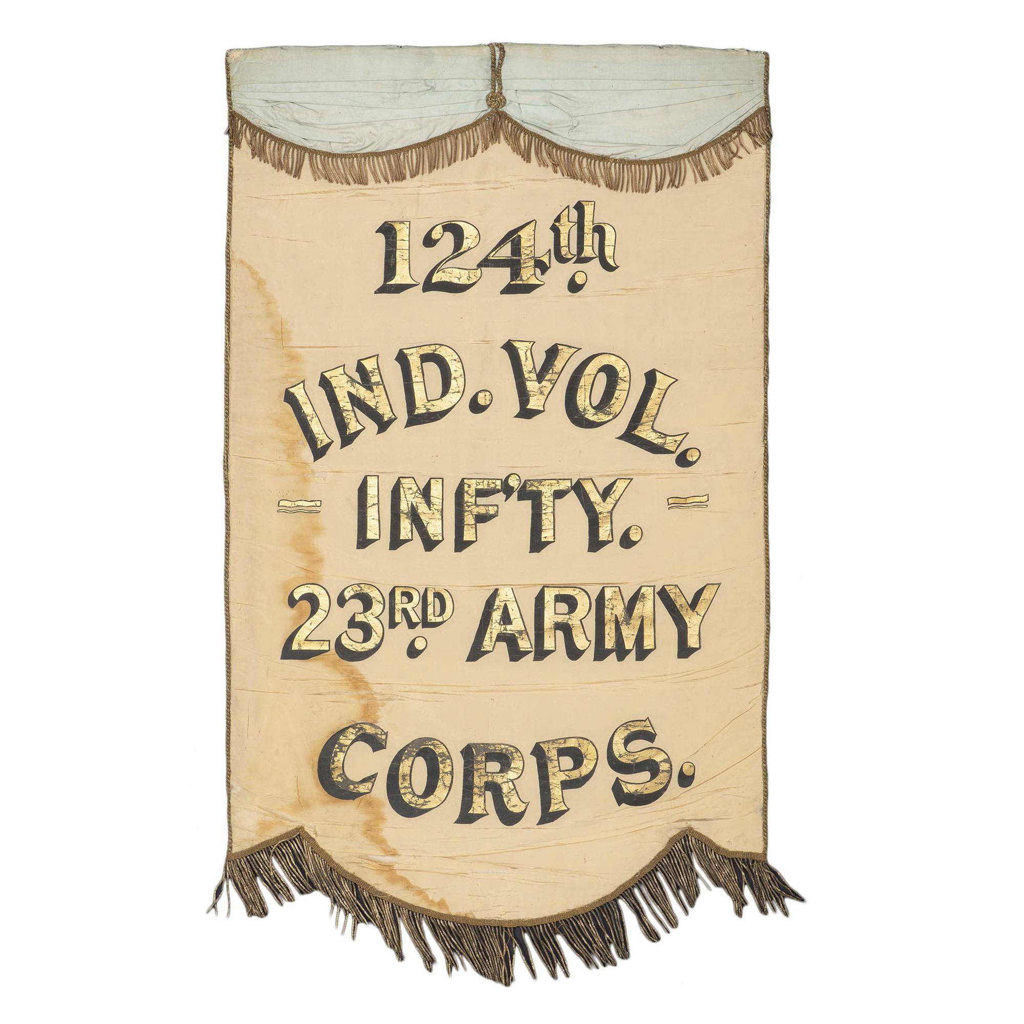 [Civil War] 124th Indiana Volunteer Infantry reunion banner, tassels, and GAR reunion photograph