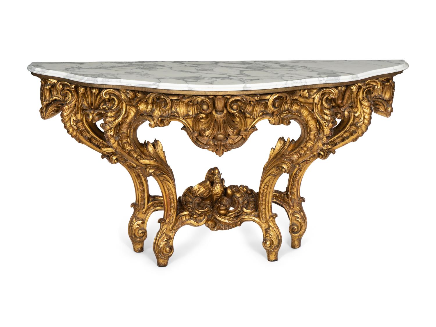 A Louis XV Giltwood Console Table with Calacatta Marble Top