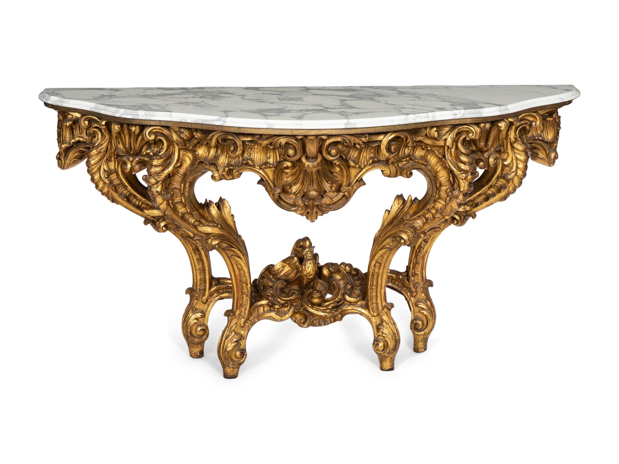 A Louis XV Giltwood Console Table with Calacatta Marble Top
