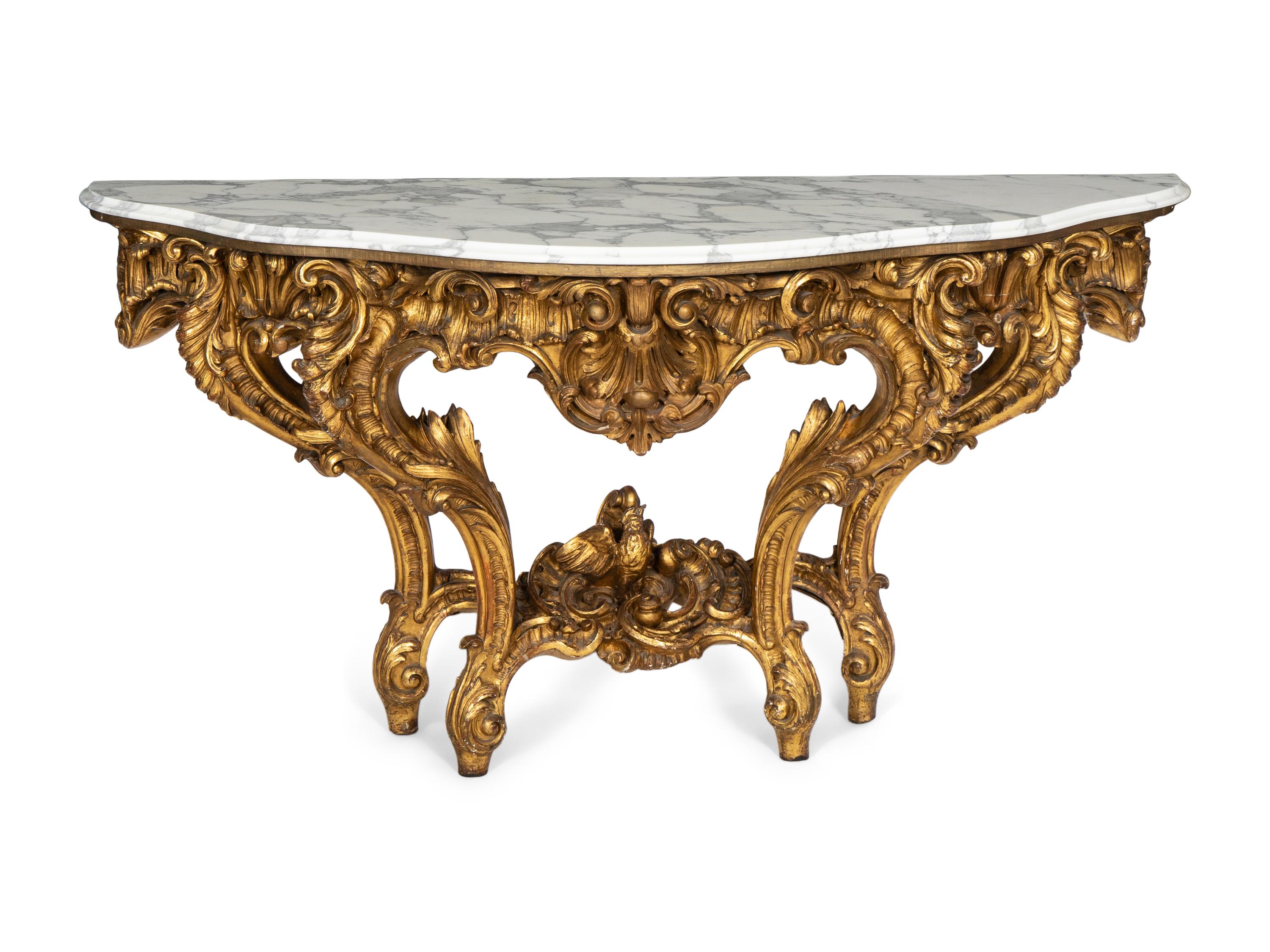 A Louis XV Giltwood Console Table with Calacatta Marble Top