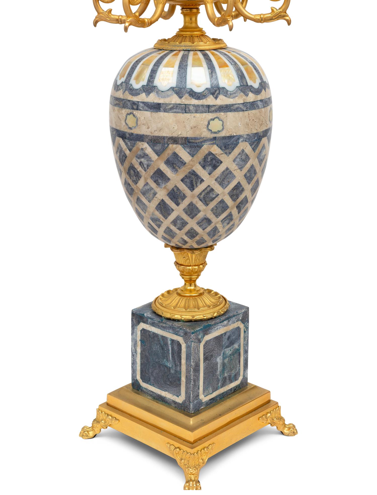 A Pair of Laudarte Ulmus Gilt Bronze, Mother-of-Pearl, and Hardstone Five-Light Table Lamps