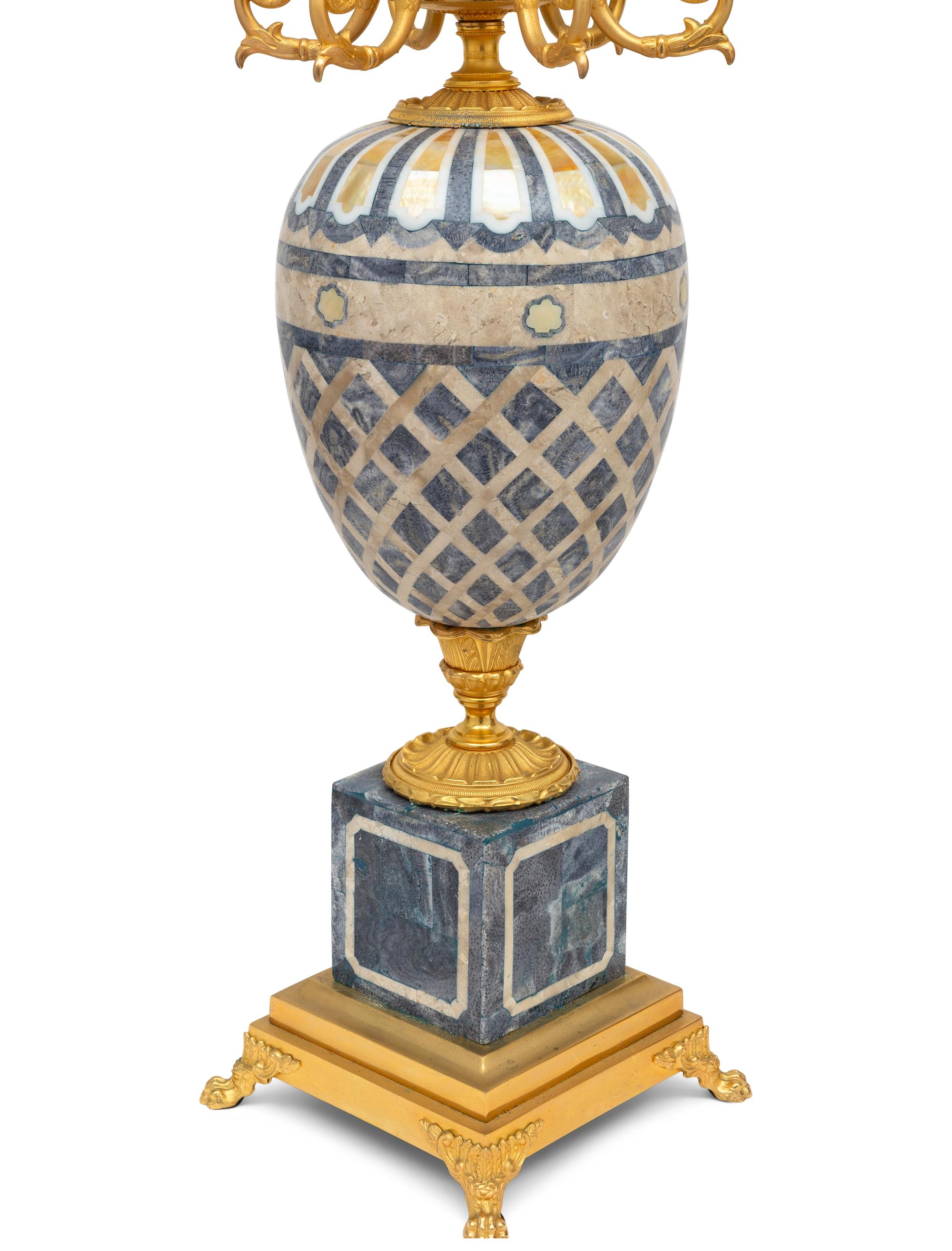 A Pair of Laudarte Ulmus Gilt Bronze, Mother-of-Pearl, and Hardstone Five-Light Table Lamps