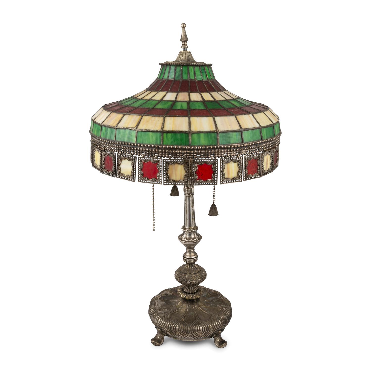 A Leaded Glass and Cast Metal Table Lamp