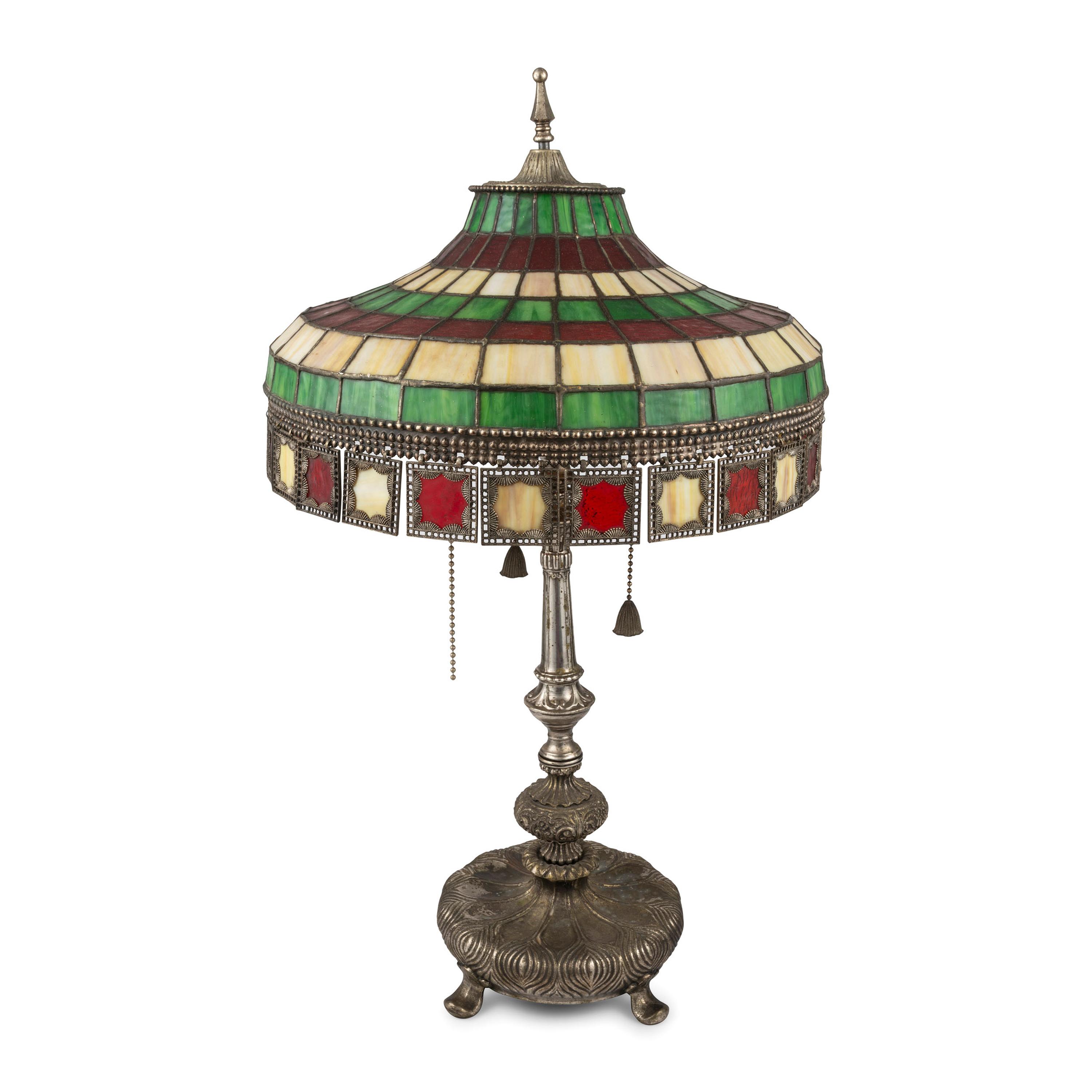 A Leaded Glass and Cast Metal Table Lamp
