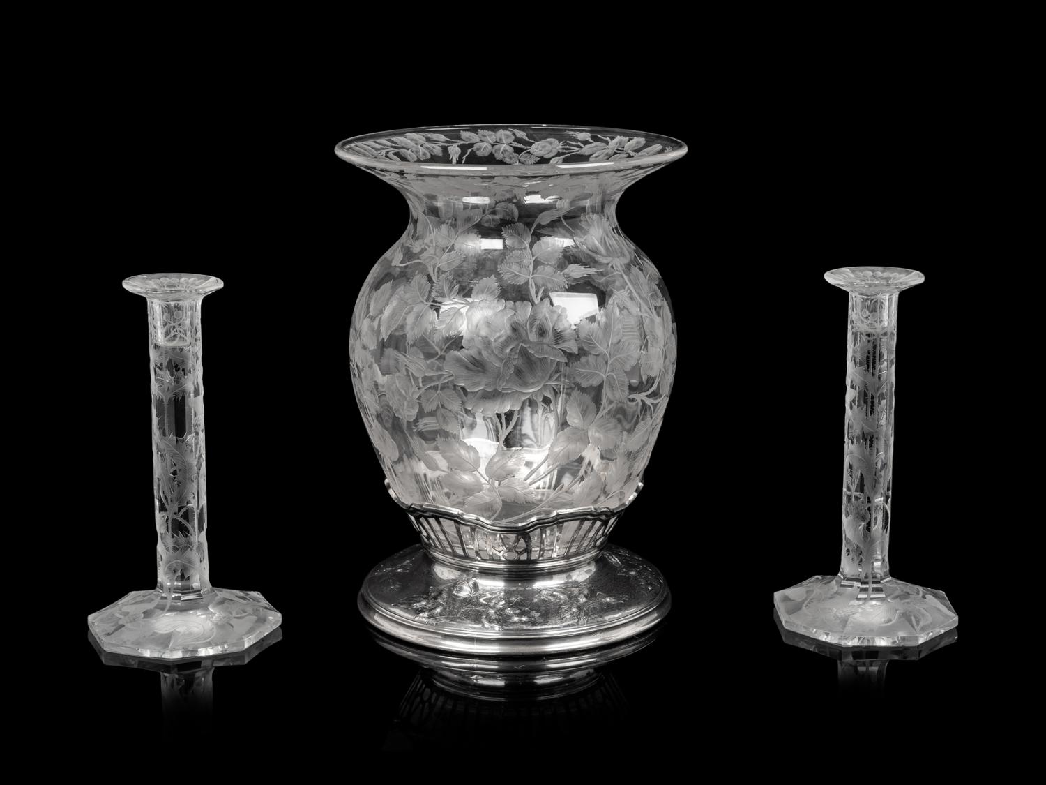 An American Silver Mounted Etched Glass Vase