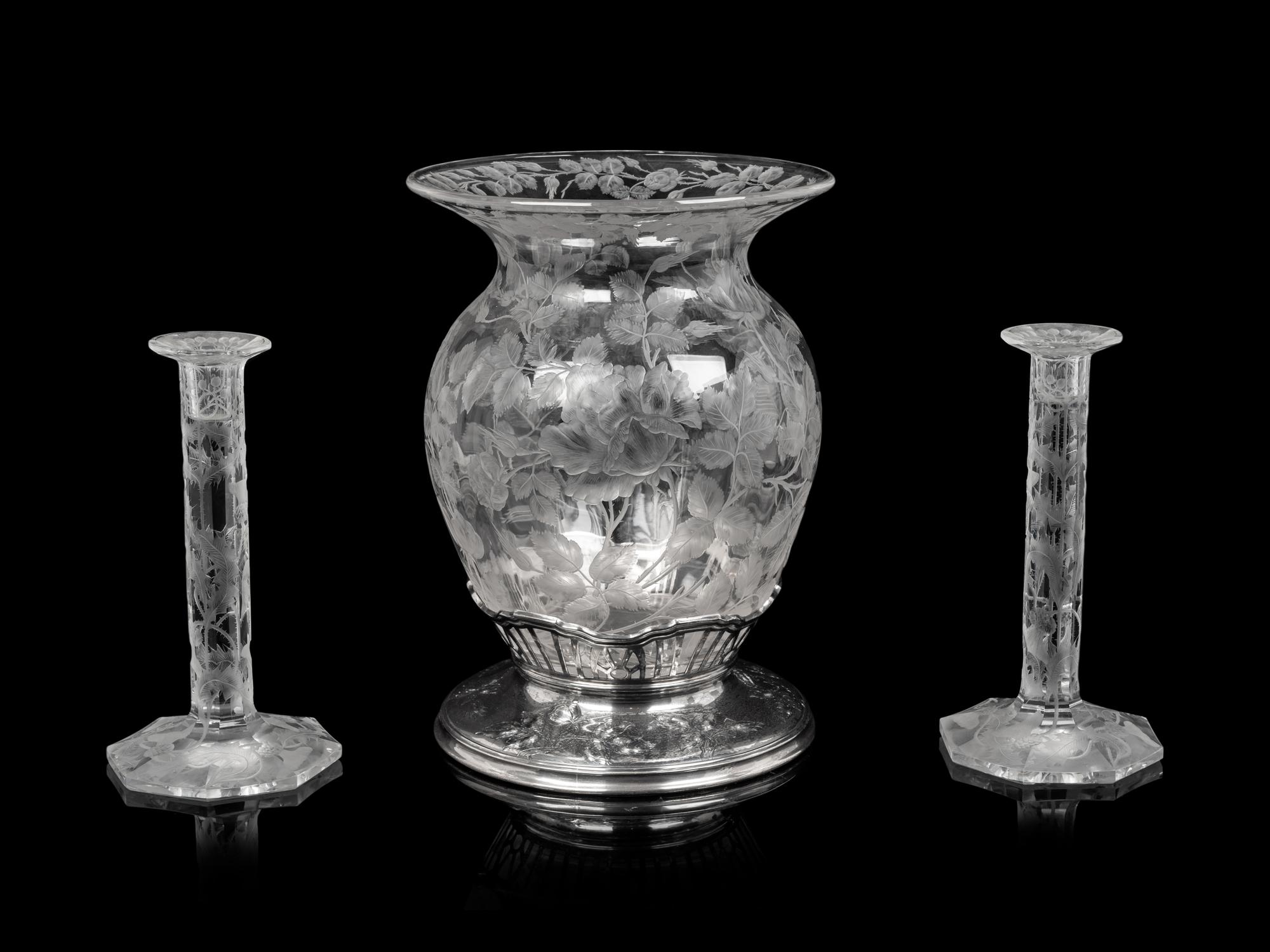 An American Silver Mounted Etched Glass Vase