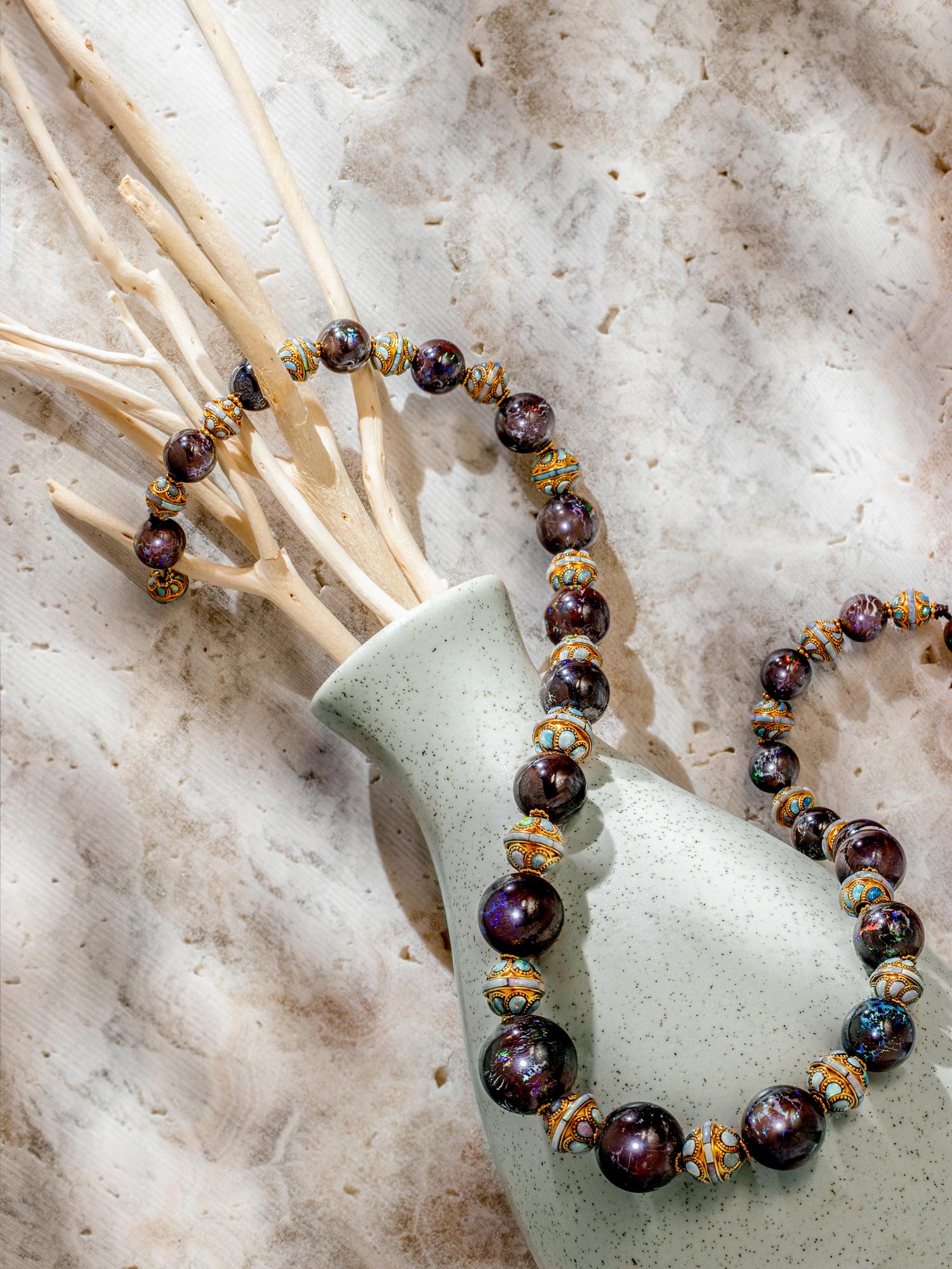 TIFFANY & CO., ART NOUVEAU, YELLOW GOLD, OPAL AND BOULDER OPAL BEAD NECKLACE