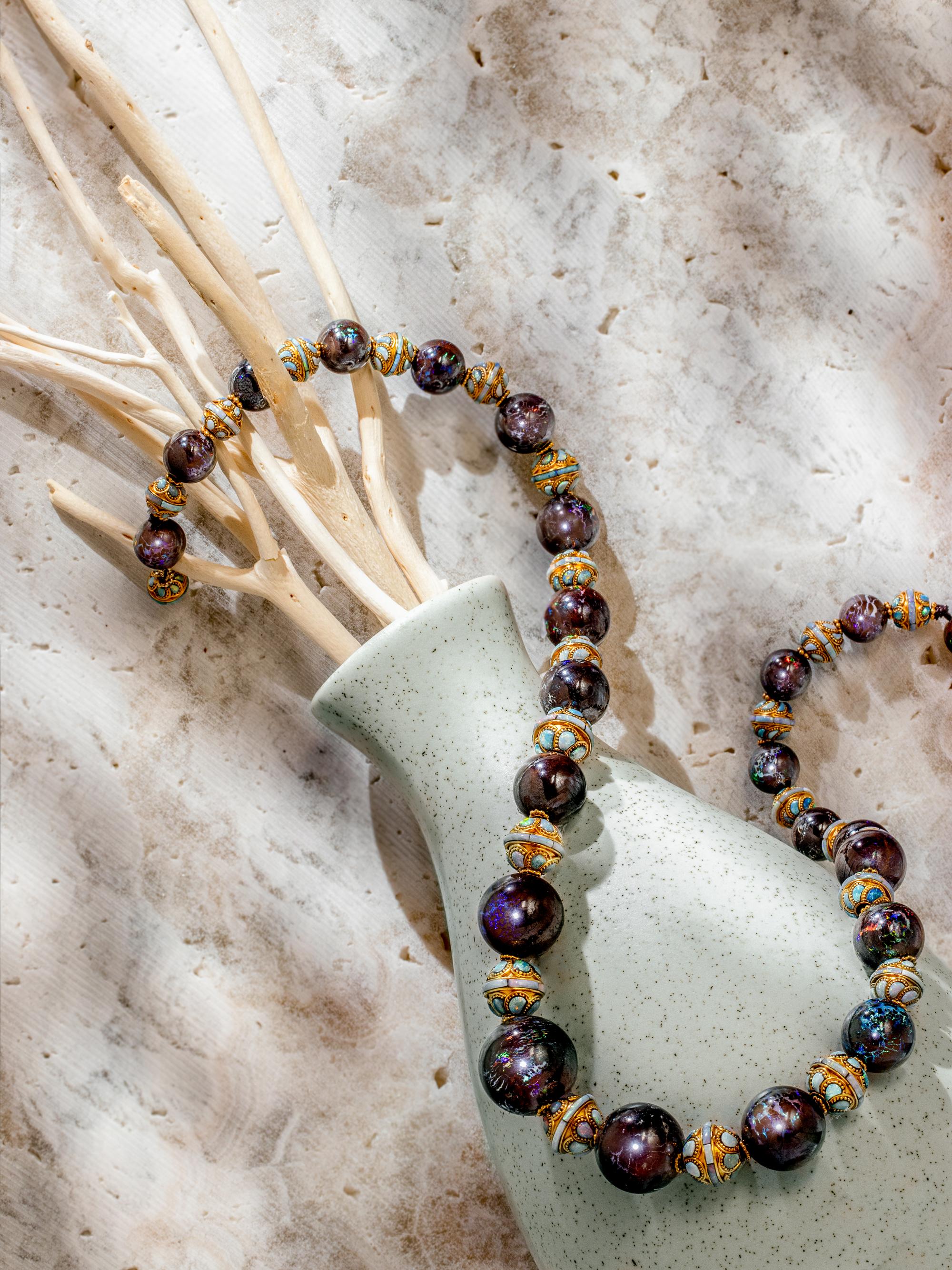 TIFFANY & CO., ART NOUVEAU, YELLOW GOLD, OPAL AND BOULDER OPAL BEAD NECKLACE