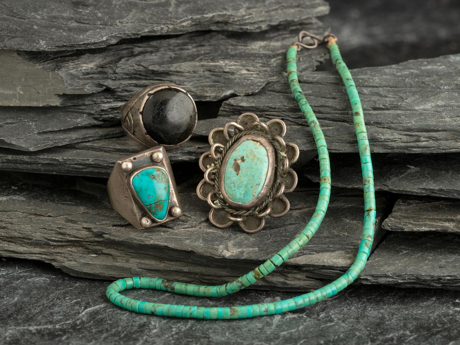 Navajo and Southwestern-style Silver Rings, PLUS Pueblo Rolled Turquoise Necklace