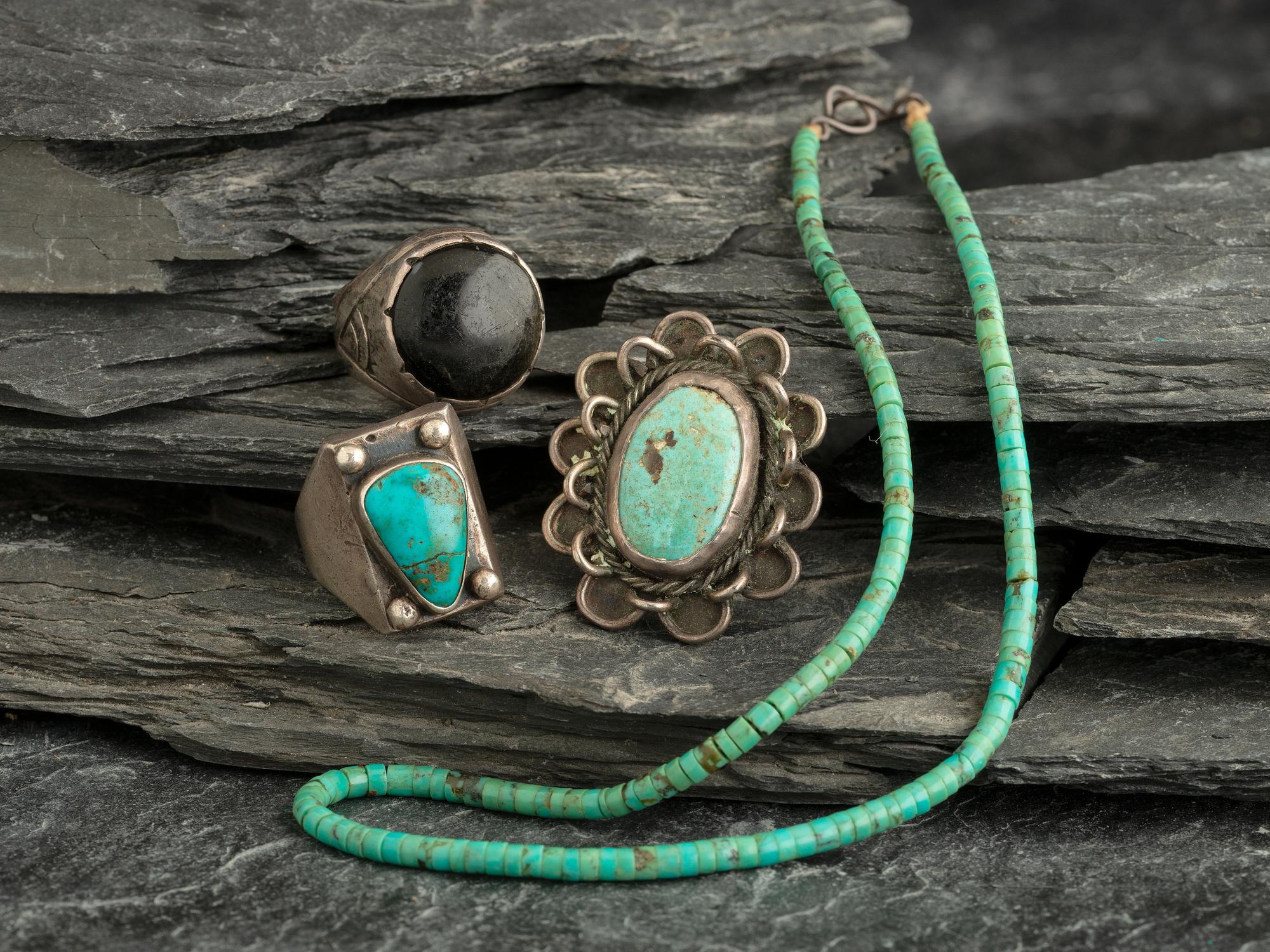 Navajo and Southwestern-style Silver Rings, PLUS Pueblo Rolled Turquoise Necklace