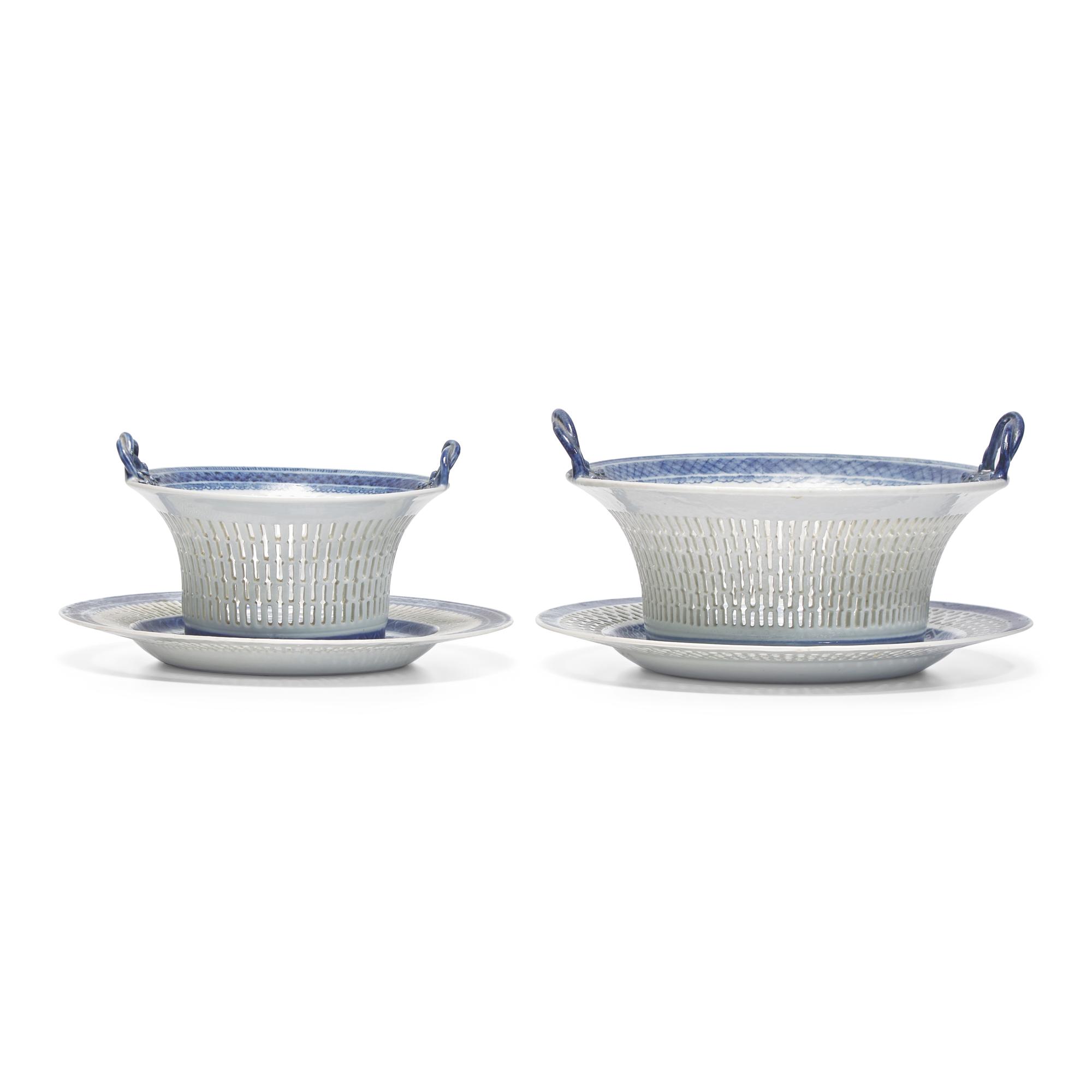 Two Chinese Export Porcelain Blue Fitzhugh Round Reticulated Chestnut Baskets and Stands