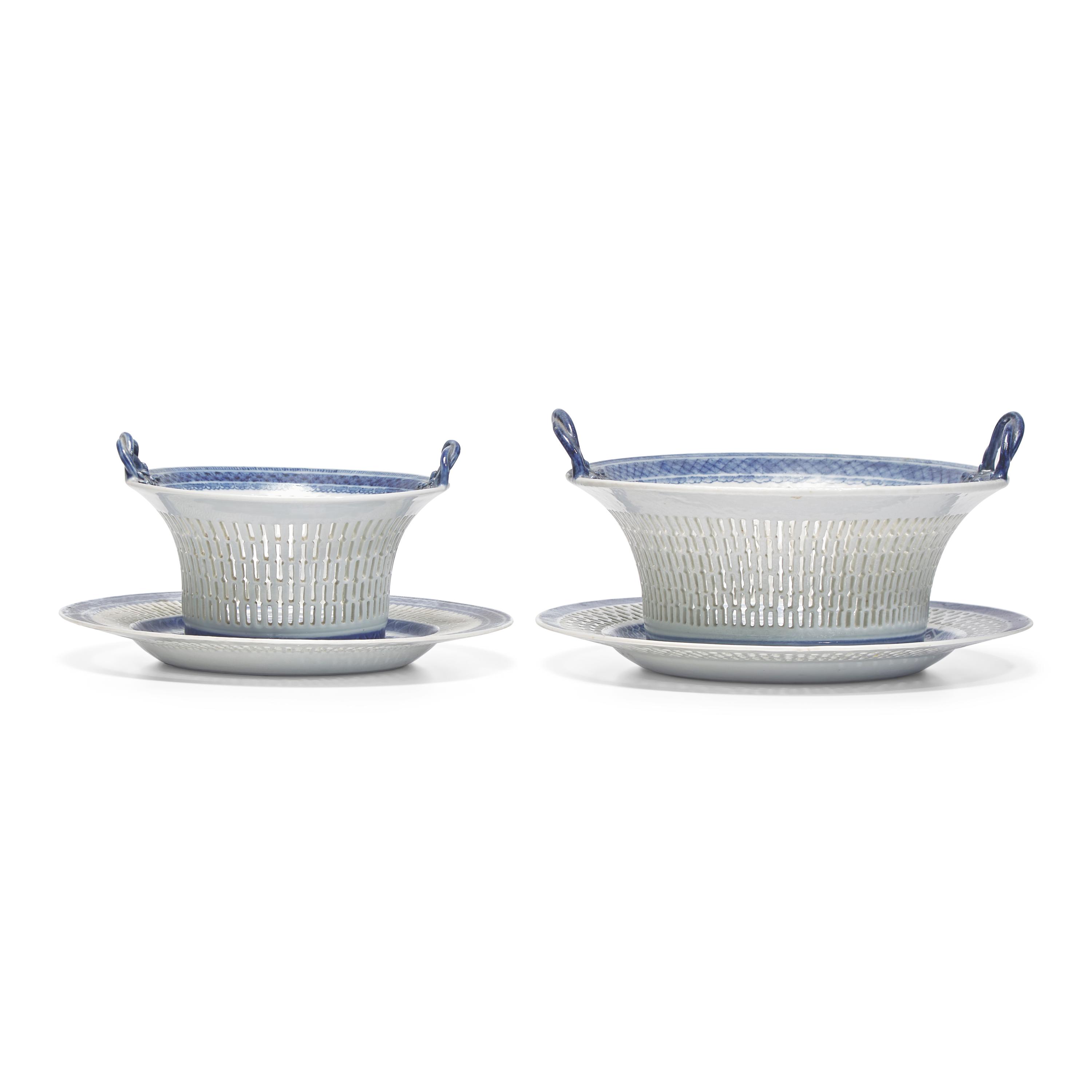 Two Chinese Export Porcelain Blue Fitzhugh Round Reticulated Chestnut Baskets and Stands