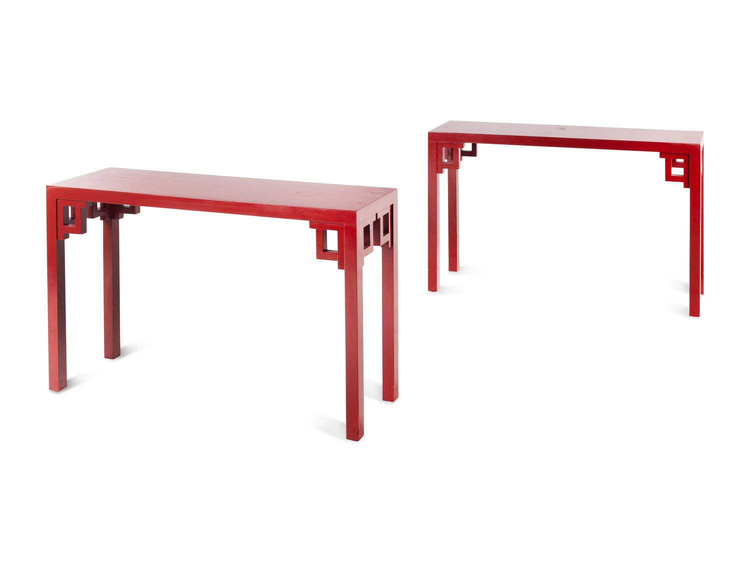 A Pair of Contemporary Red-Painted Console Tables