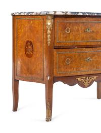 A Louis XV/XVI Transitional Style Gilt Bronze Mounted Marquetry Marble-Top Commode