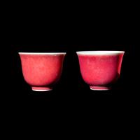 A Pair of Chinese Sang-de-Boeuf Glazed Porcelain Cups, Qing Dynasty 清 永樂堂款祭紅杯一對