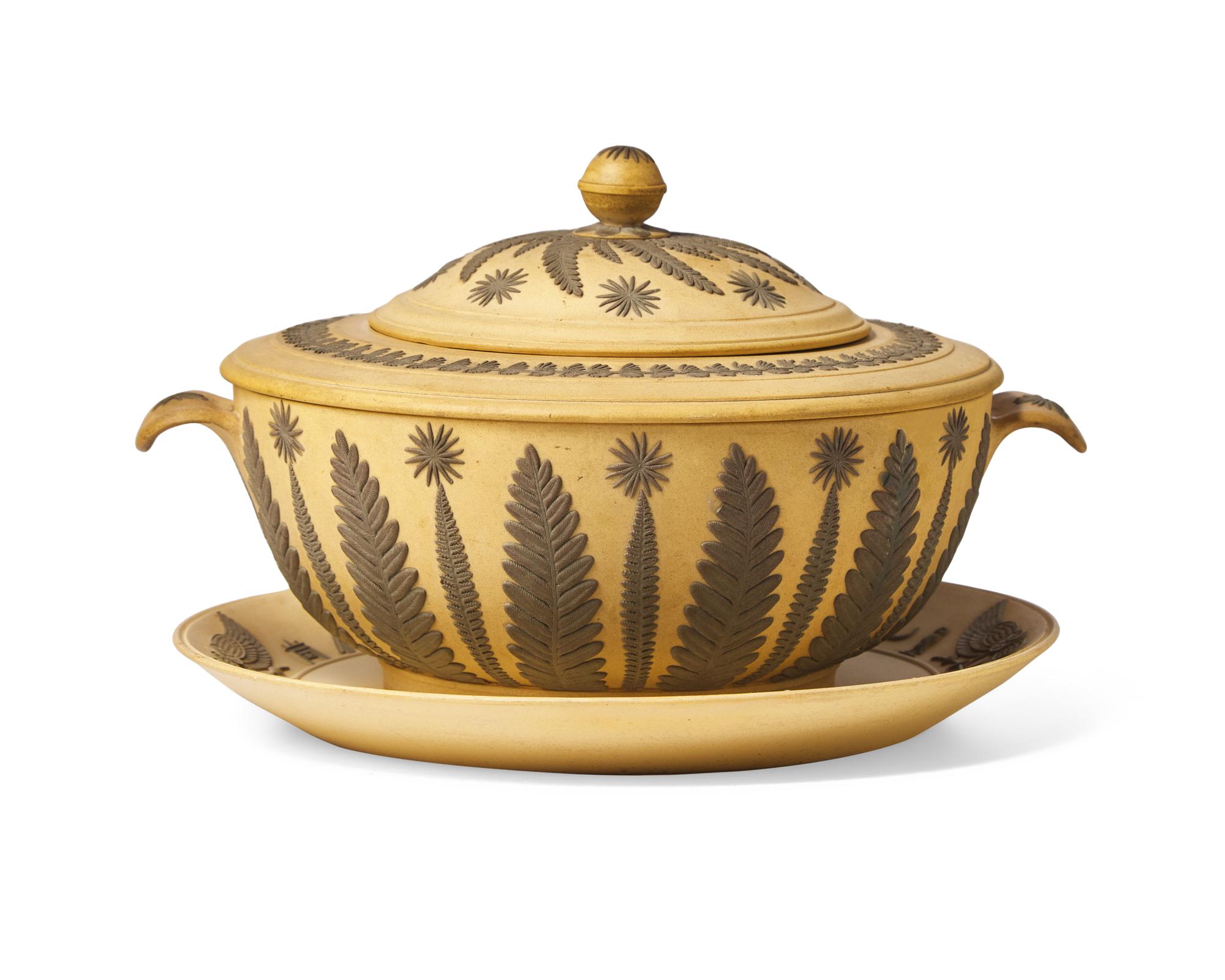 A Wedgwood Jasperware Egyptian Revival Decorated Covered Bowl with Underplate