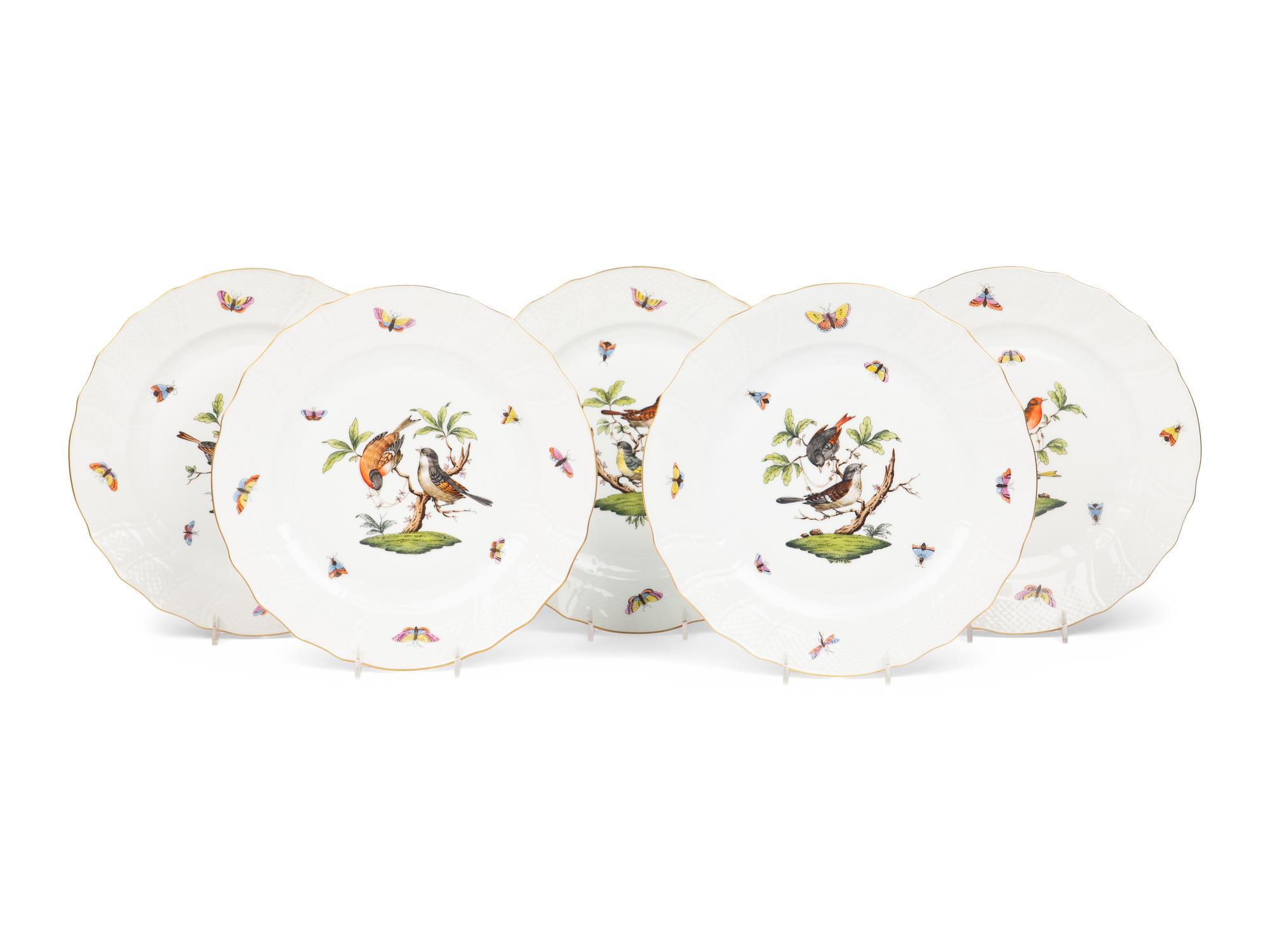A Set of Five Herend Rothschild Bird Porcelain Dinner Plates