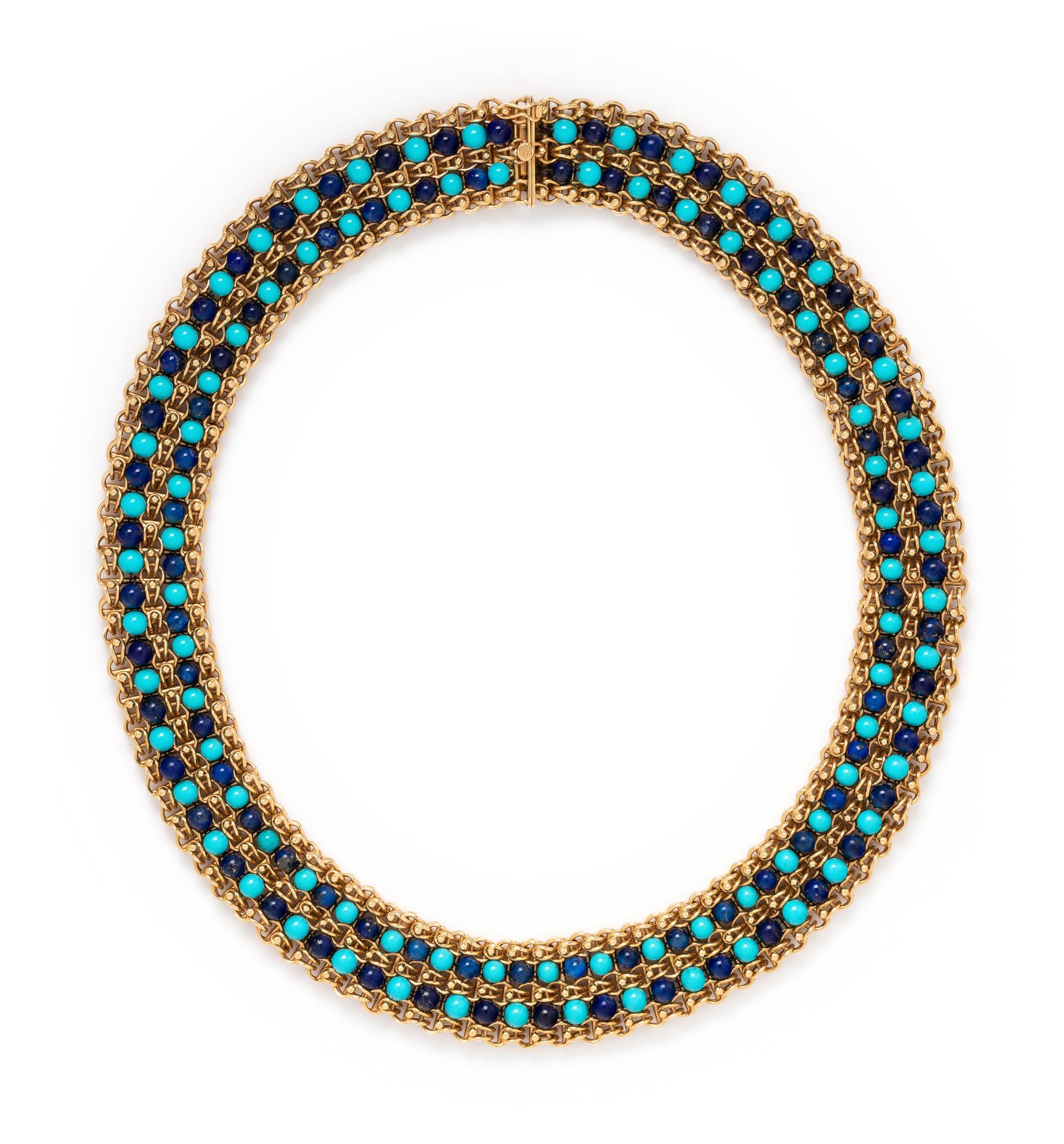 CARTIER, ITALY, YELLOW GOLD, TURQUOISE AND LAPIS LAZULI NECKLACE