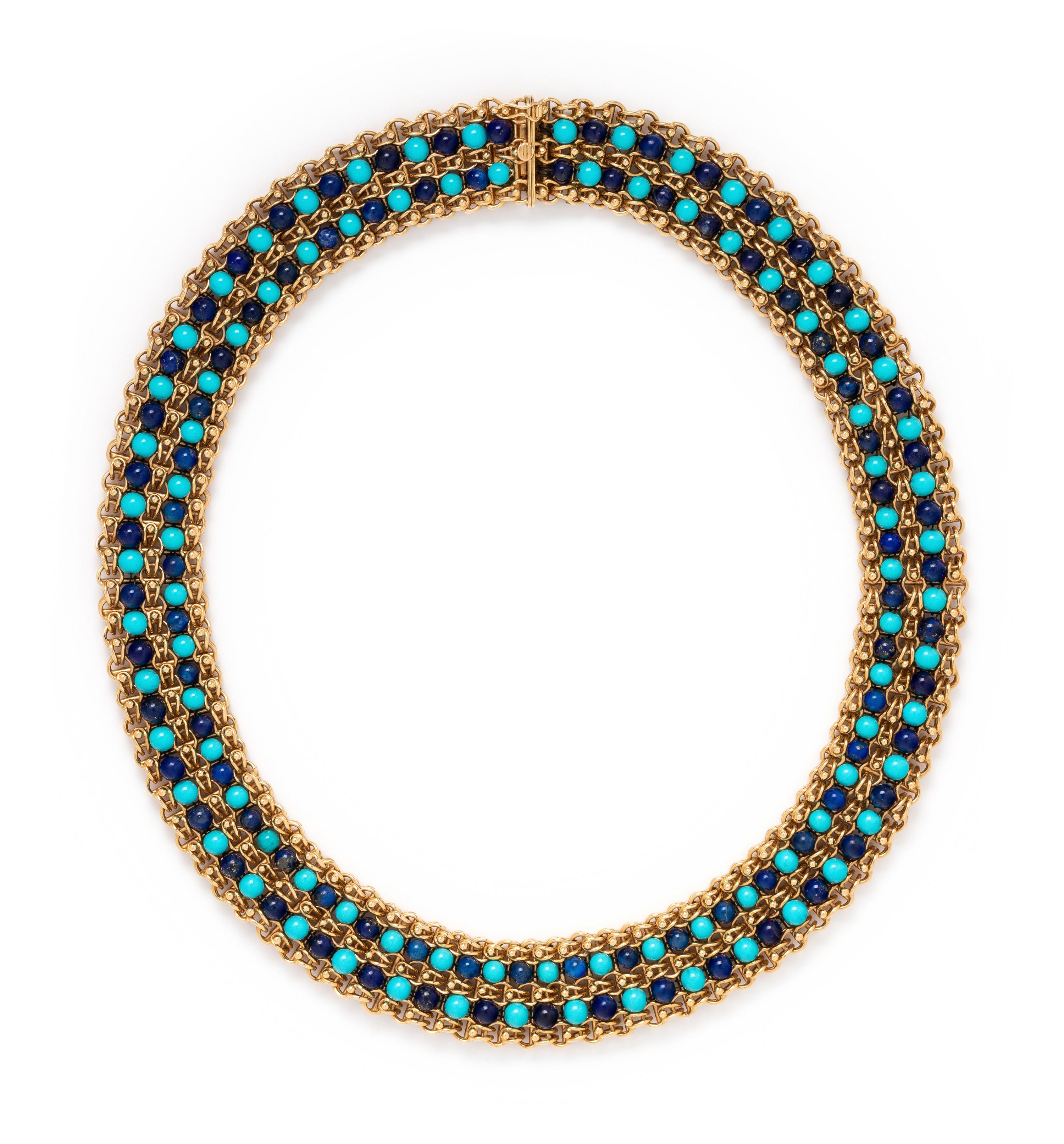 CARTIER, ITALY, YELLOW GOLD, TURQUOISE AND LAPIS LAZULI NECKLACE